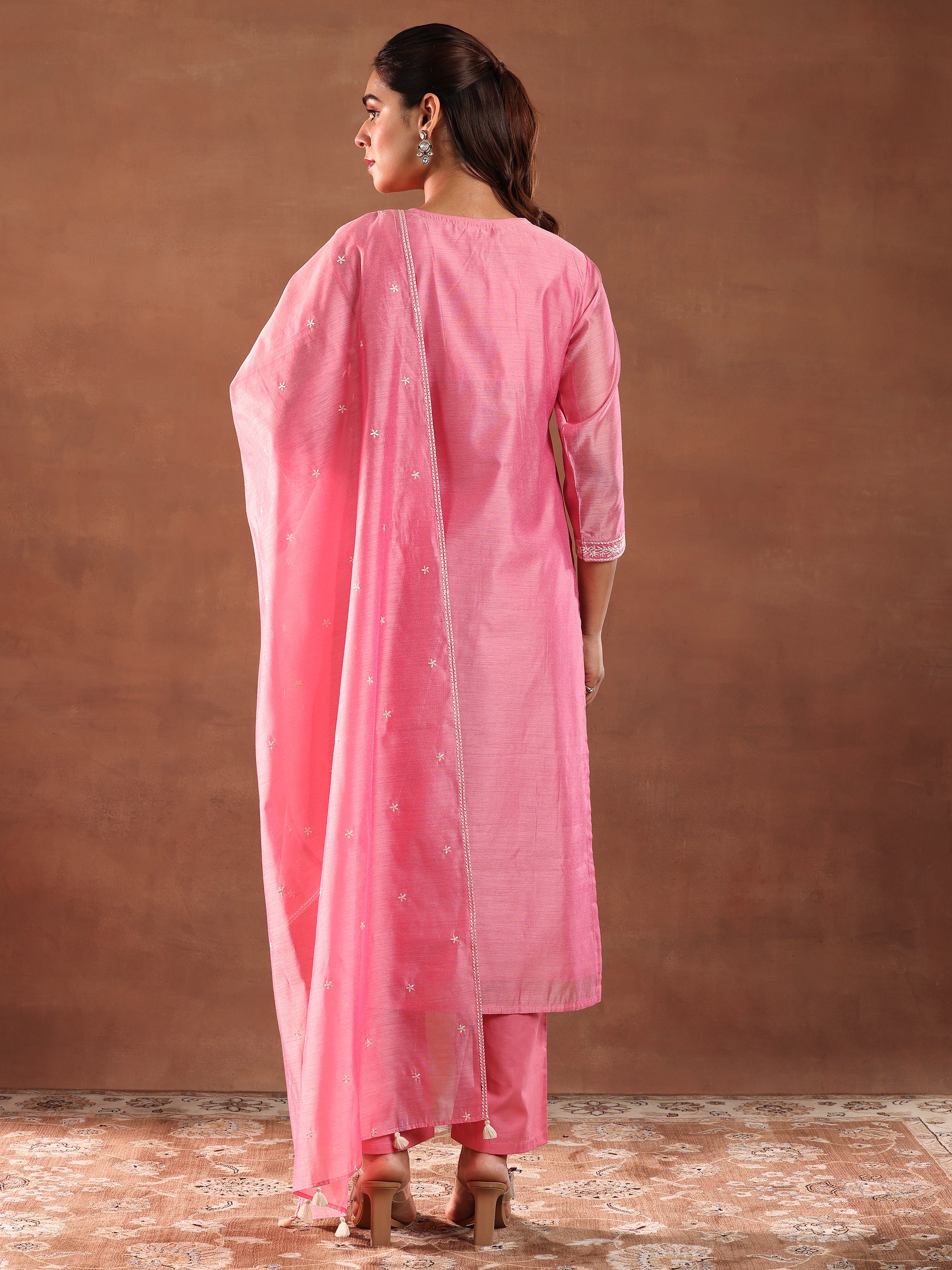 Coral Embroidered Chanderi Silk Straight Suit With Dupatta