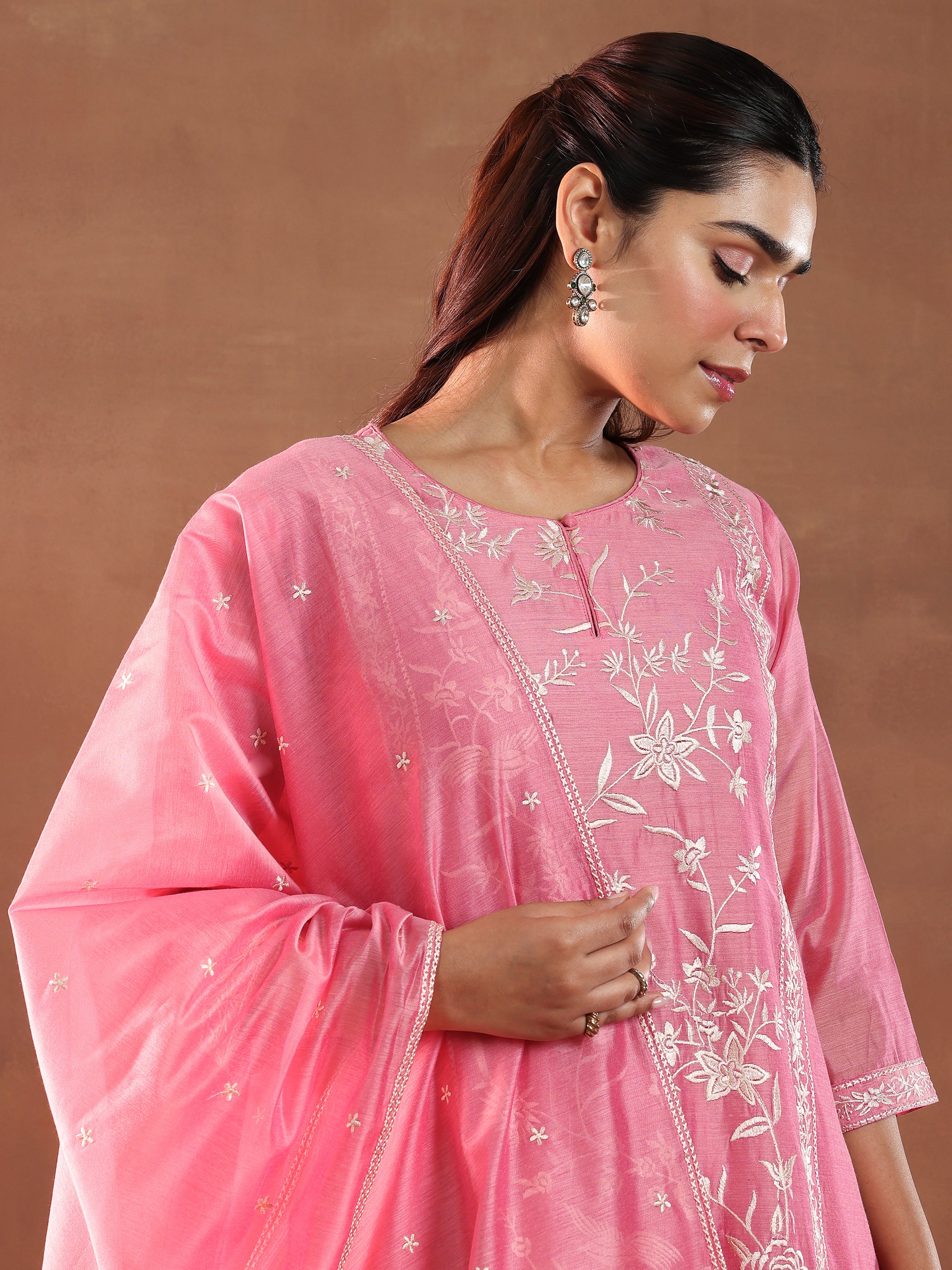 Coral Embroidered Chanderi Silk Straight Suit With Dupatta