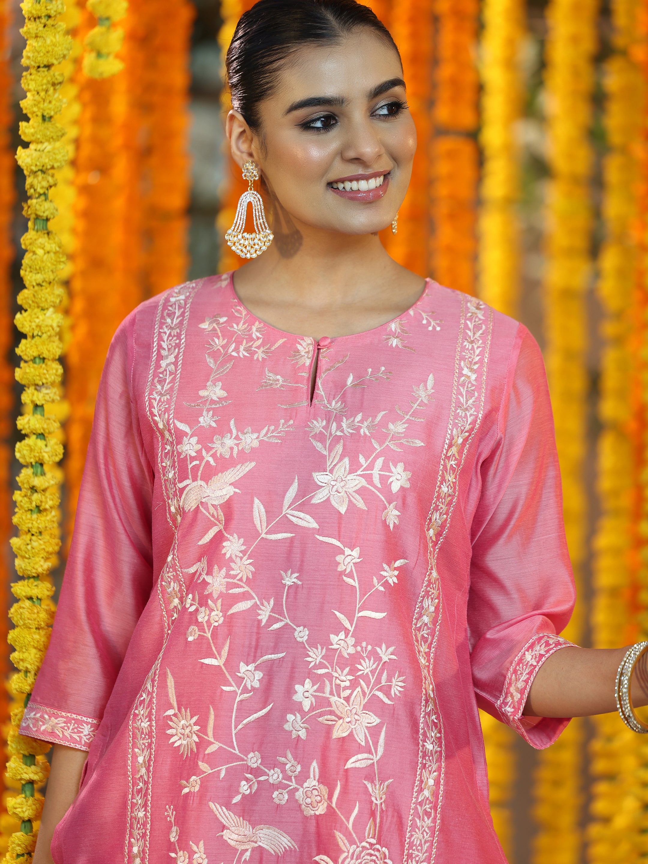 Coral Embroidered Chanderi Silk Straight Suit With Dupatta