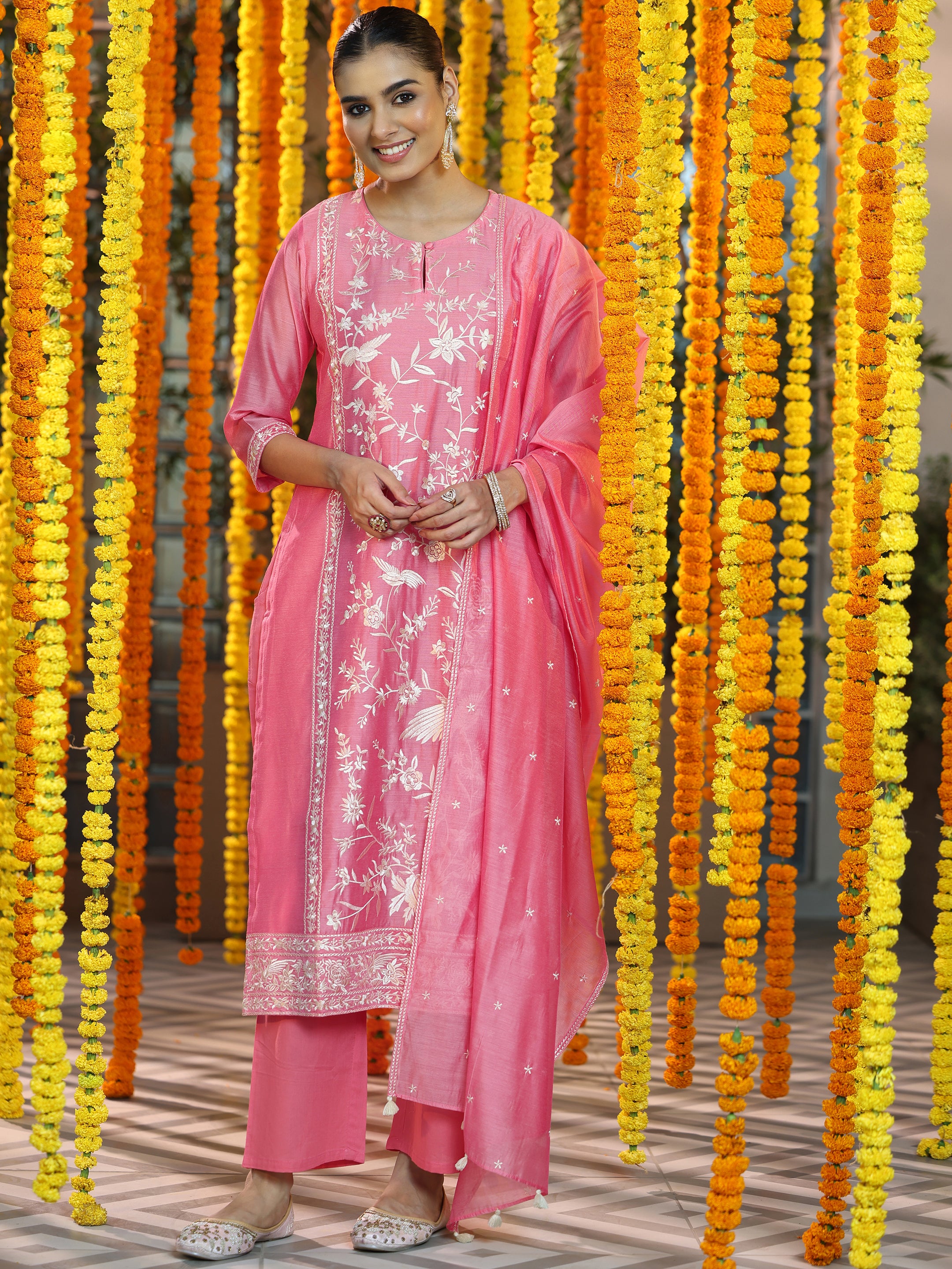 Coral Embroidered Chanderi Silk Straight Suit With Dupatta