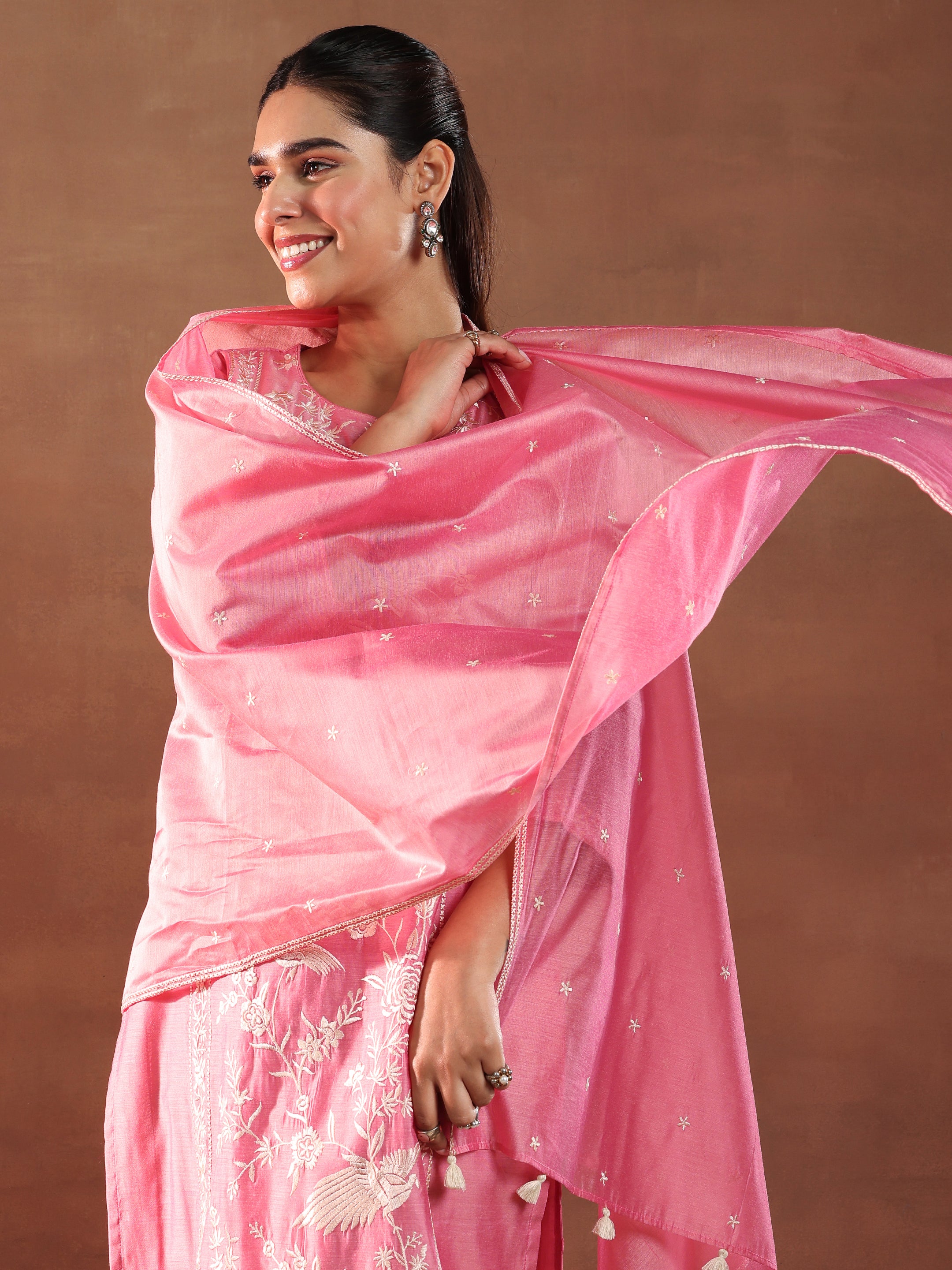 Coral Embroidered Chanderi Silk Straight Suit With Dupatta