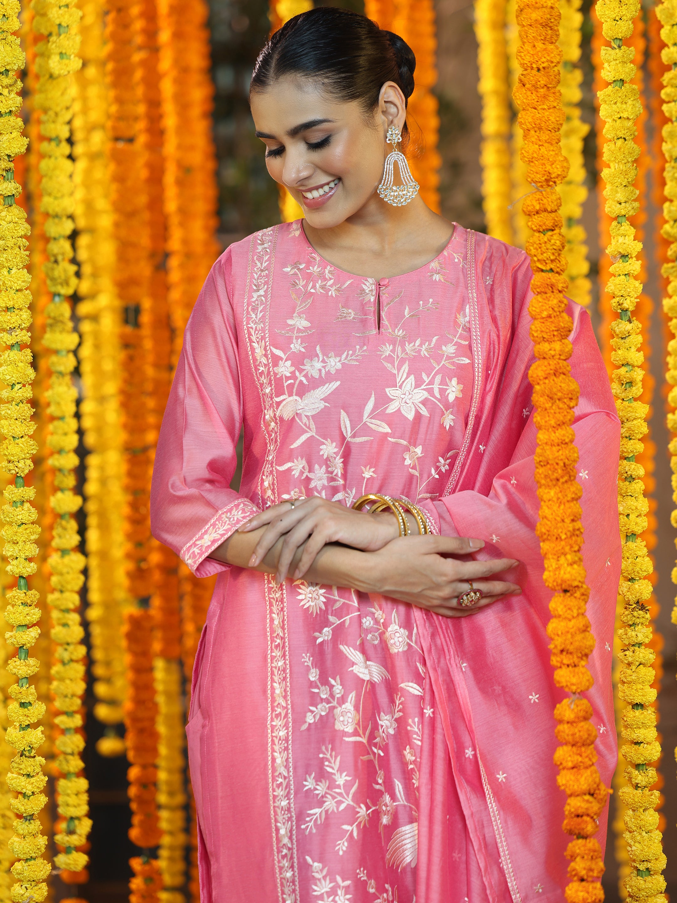 Coral Embroidered Chanderi Silk Straight Suit With Dupatta