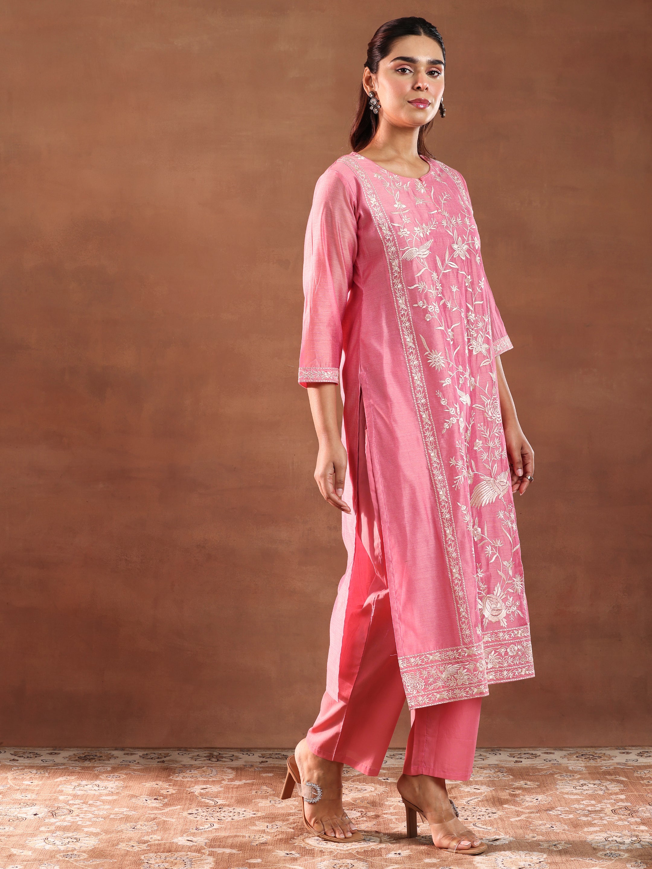 Coral Embroidered Chanderi Silk Straight Suit With Dupatta