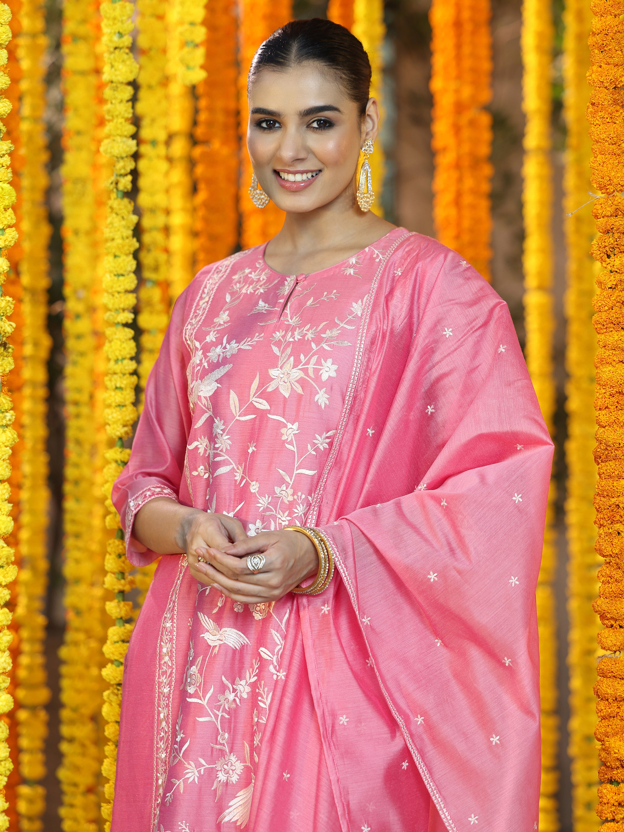 Coral Embroidered Chanderi Silk Straight Suit With Dupatta