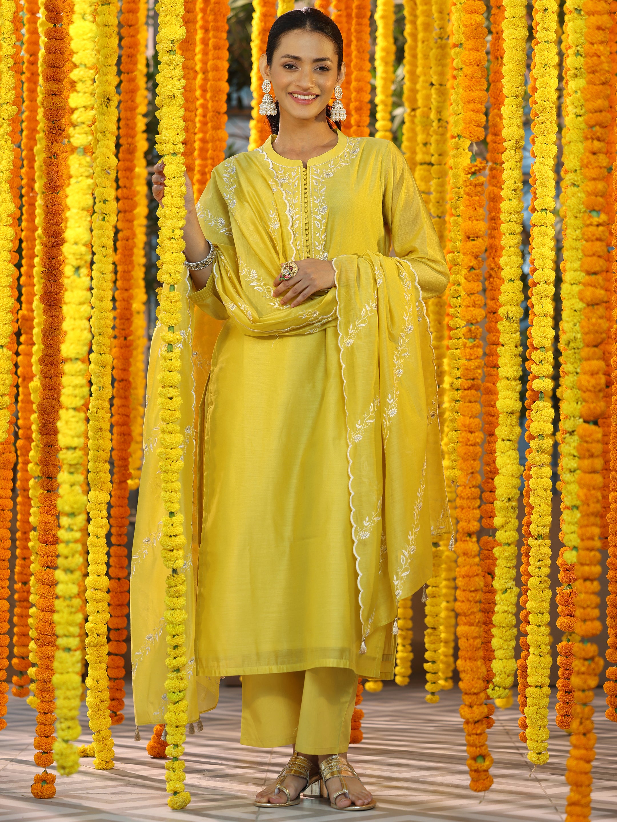 Mustard Yoke Design Chanderi Silk Straight Suit With Dupatta