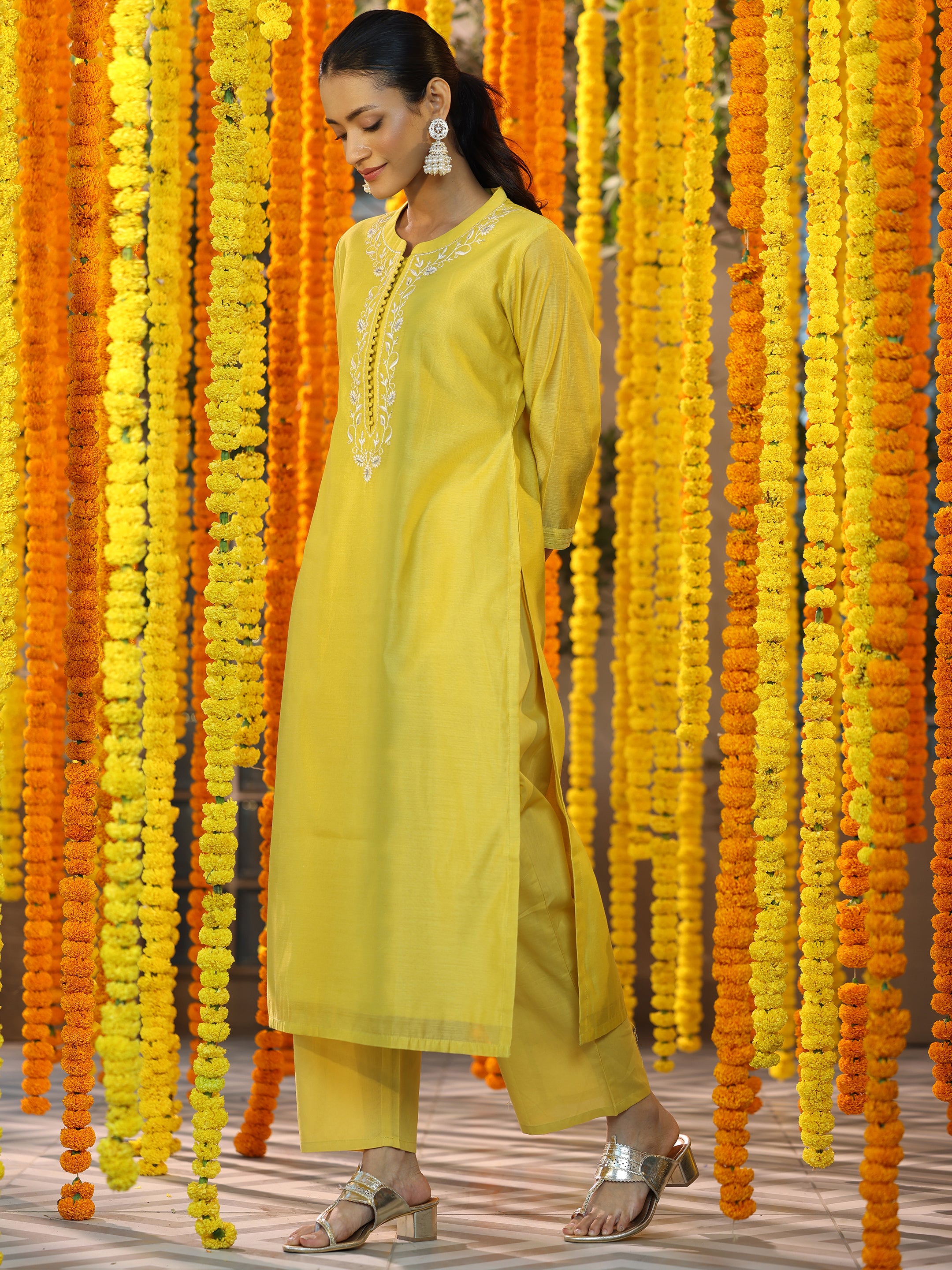 Mustard Yoke Design Chanderi Silk Straight Suit With Dupatta