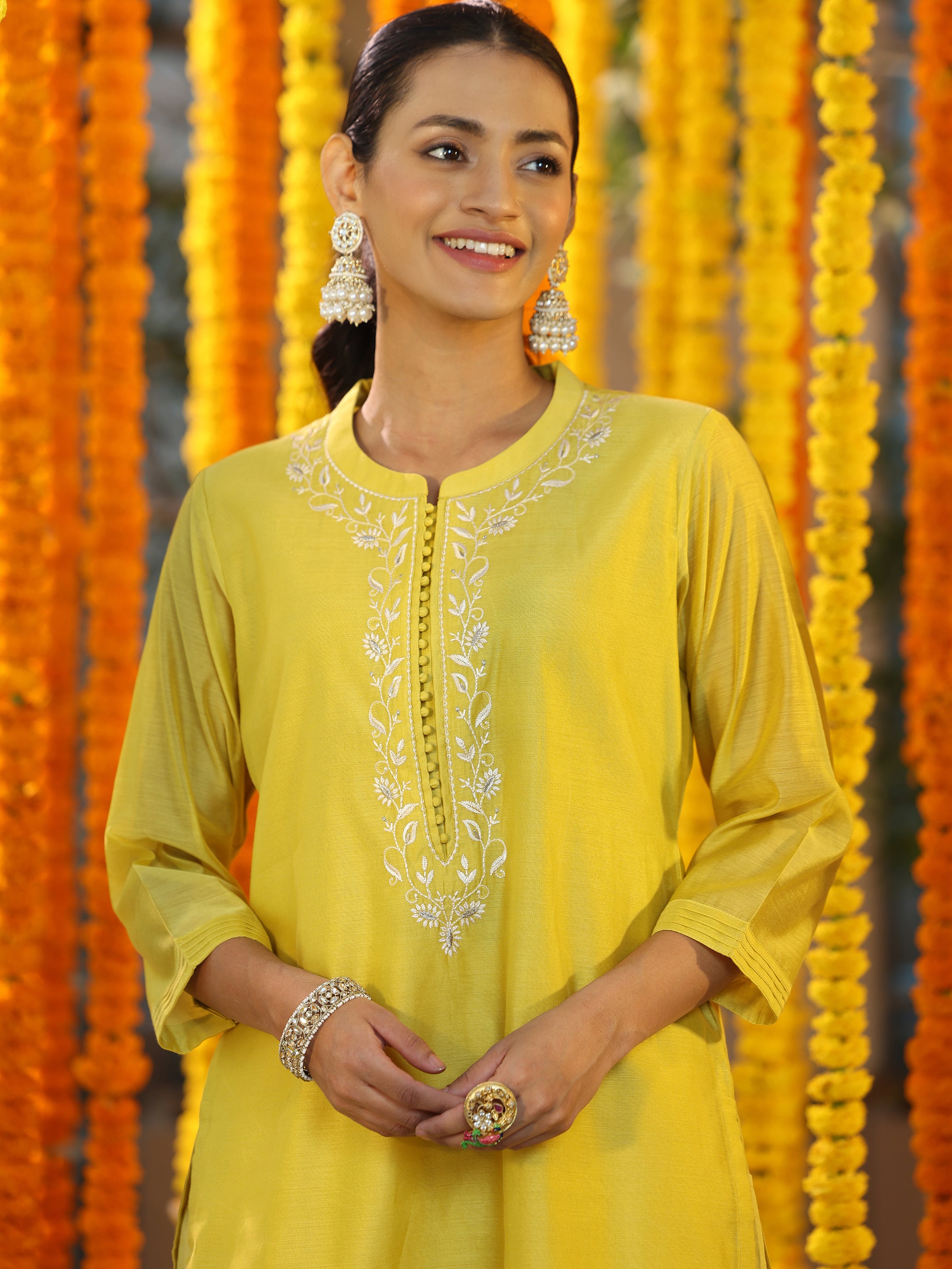 Mustard Yoke Design Chanderi Silk Straight Suit With Dupatta