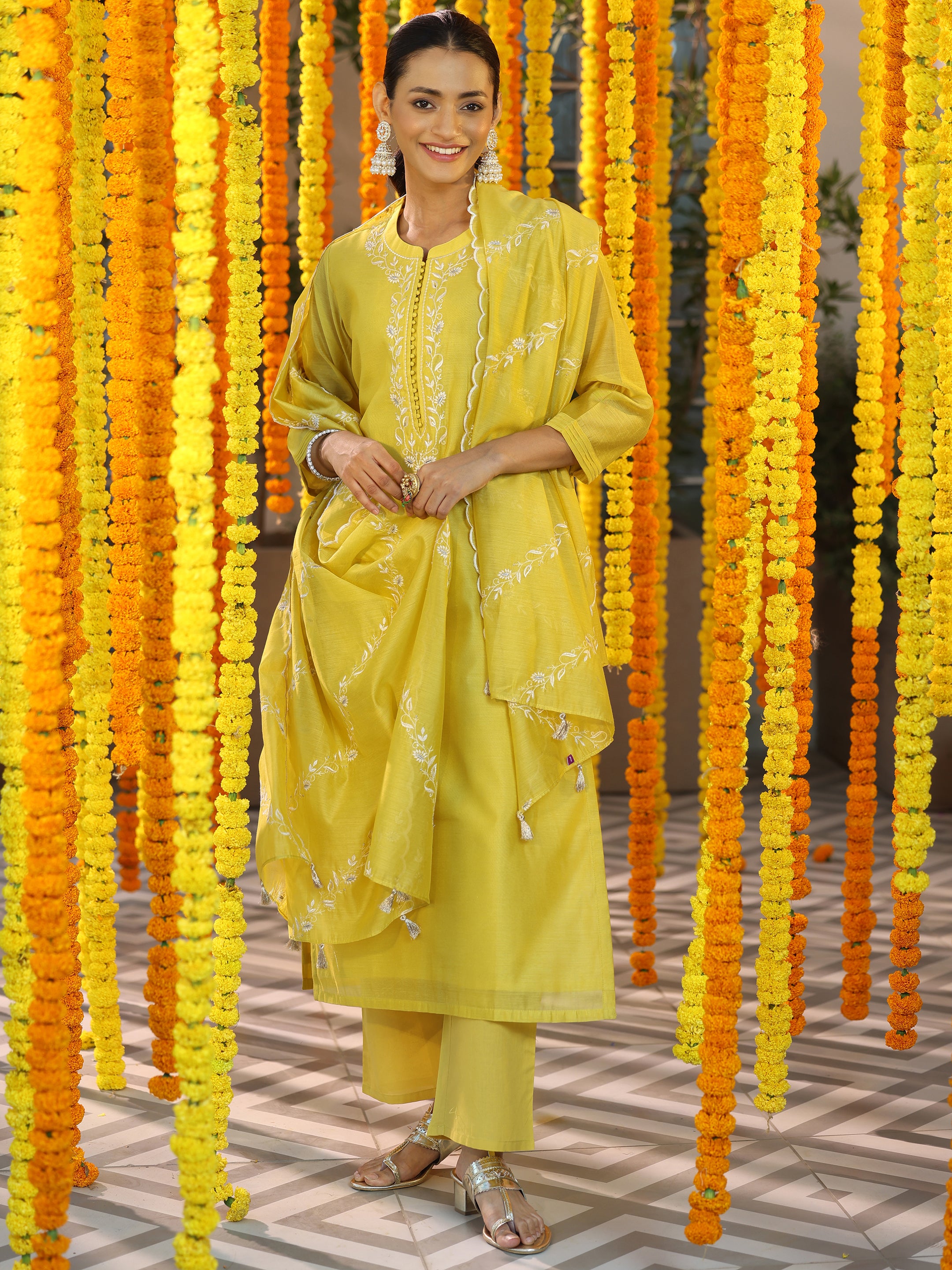 Mustard Yoke Design Chanderi Silk Straight Suit With Dupatta