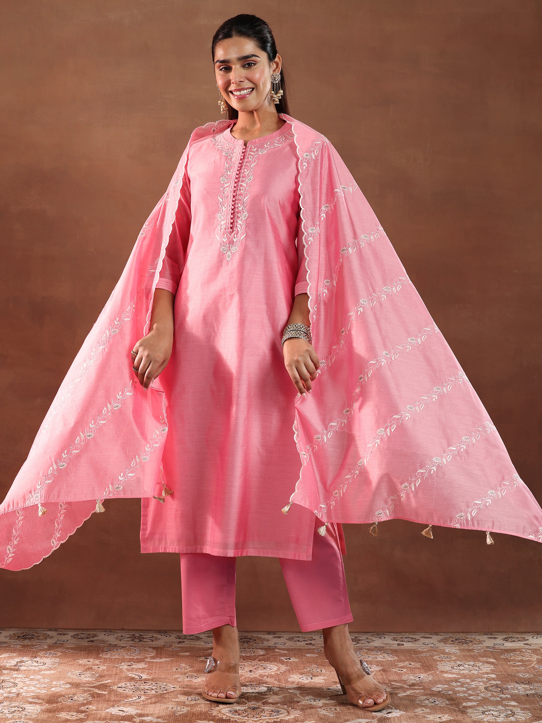 Coral Yoke Design Chanderi Silk Straight Suit With Dupatta