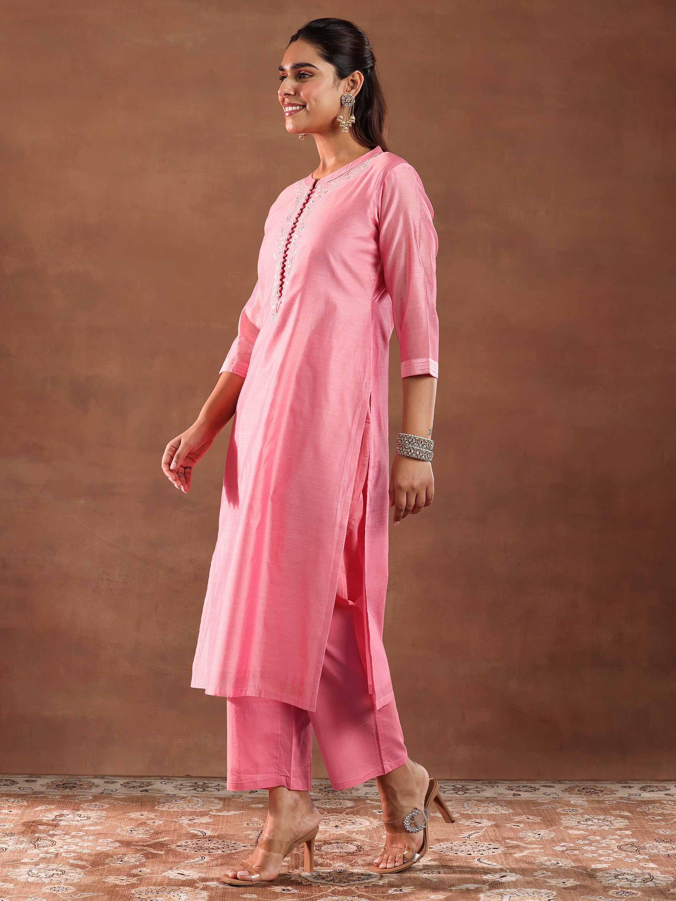 Coral Yoke Design Chanderi Silk Straight Suit With Dupatta