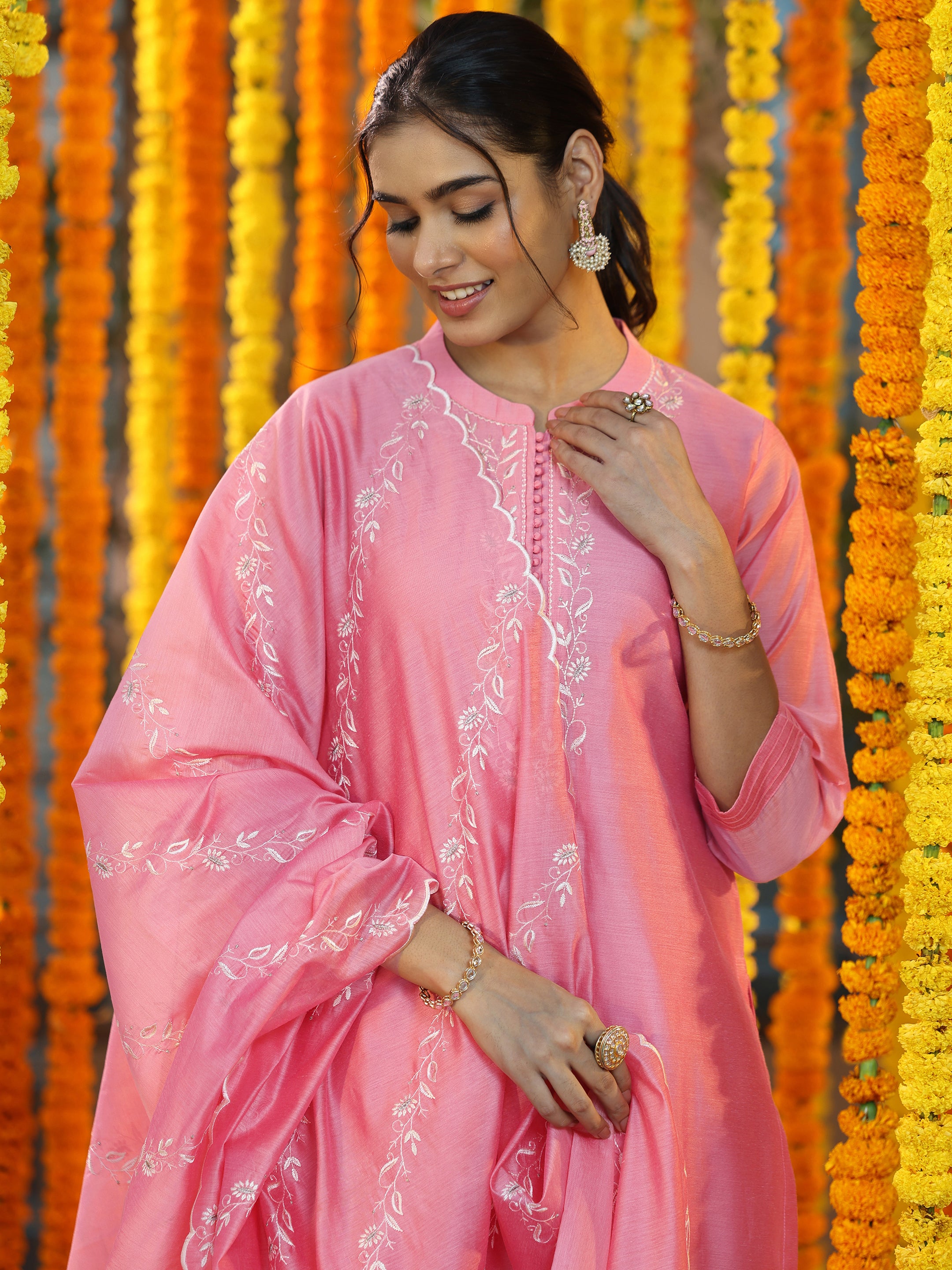 Coral Yoke Design Chanderi Silk Straight Suit With Dupatta