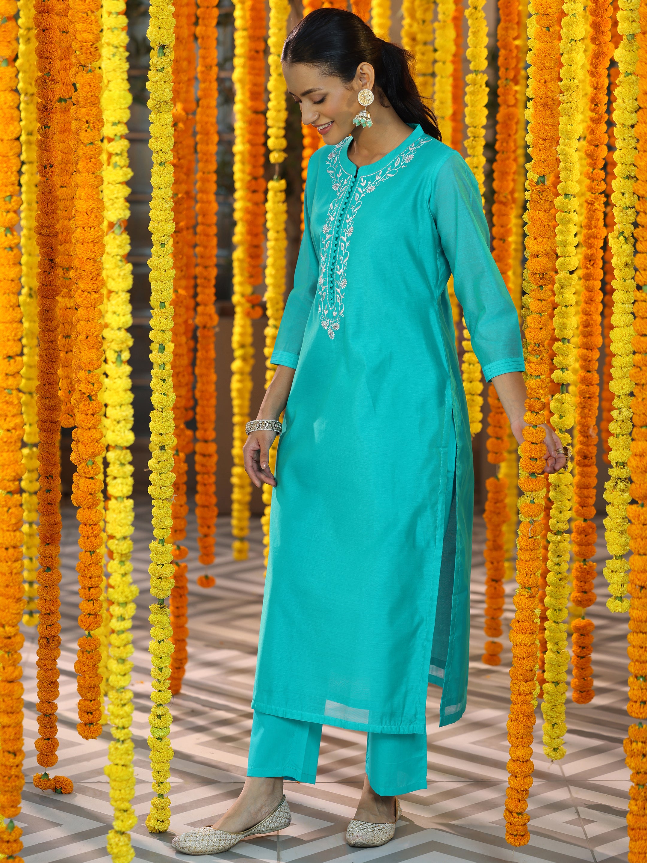 Turquoise Yoke Design Chanderi Silk Straight Suit With Dupatta