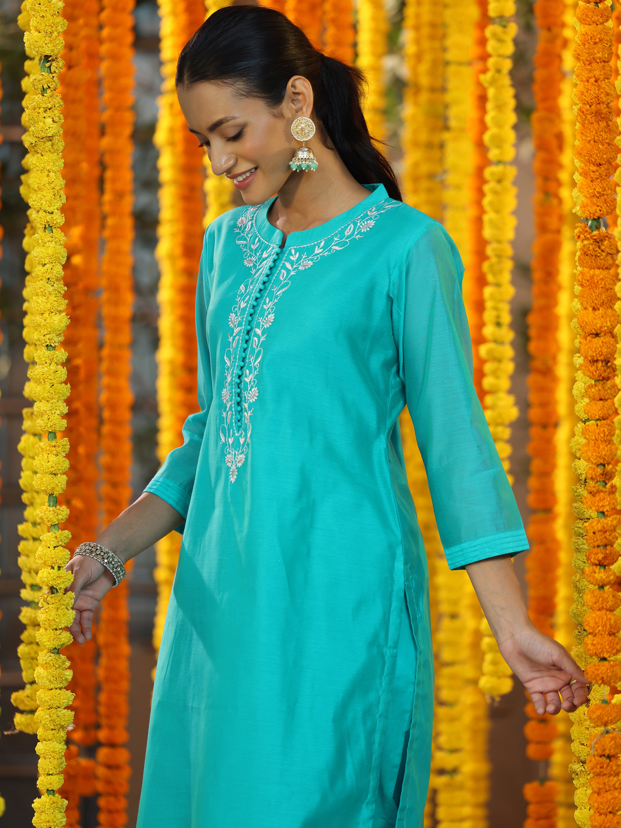 Turquoise Yoke Design Chanderi Silk Straight Suit With Dupatta