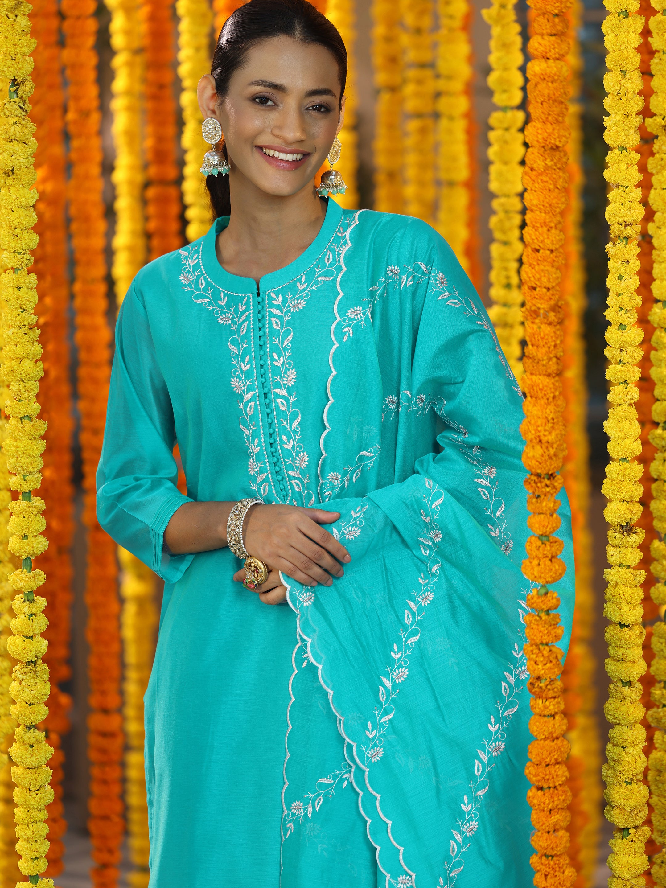 Turquoise Yoke Design Chanderi Silk Straight Suit With Dupatta