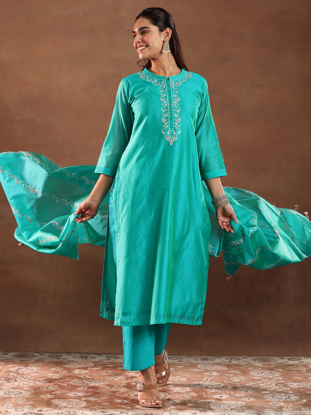 Turquoise Yoke Design Chanderi Silk Straight Suit With Dupatta