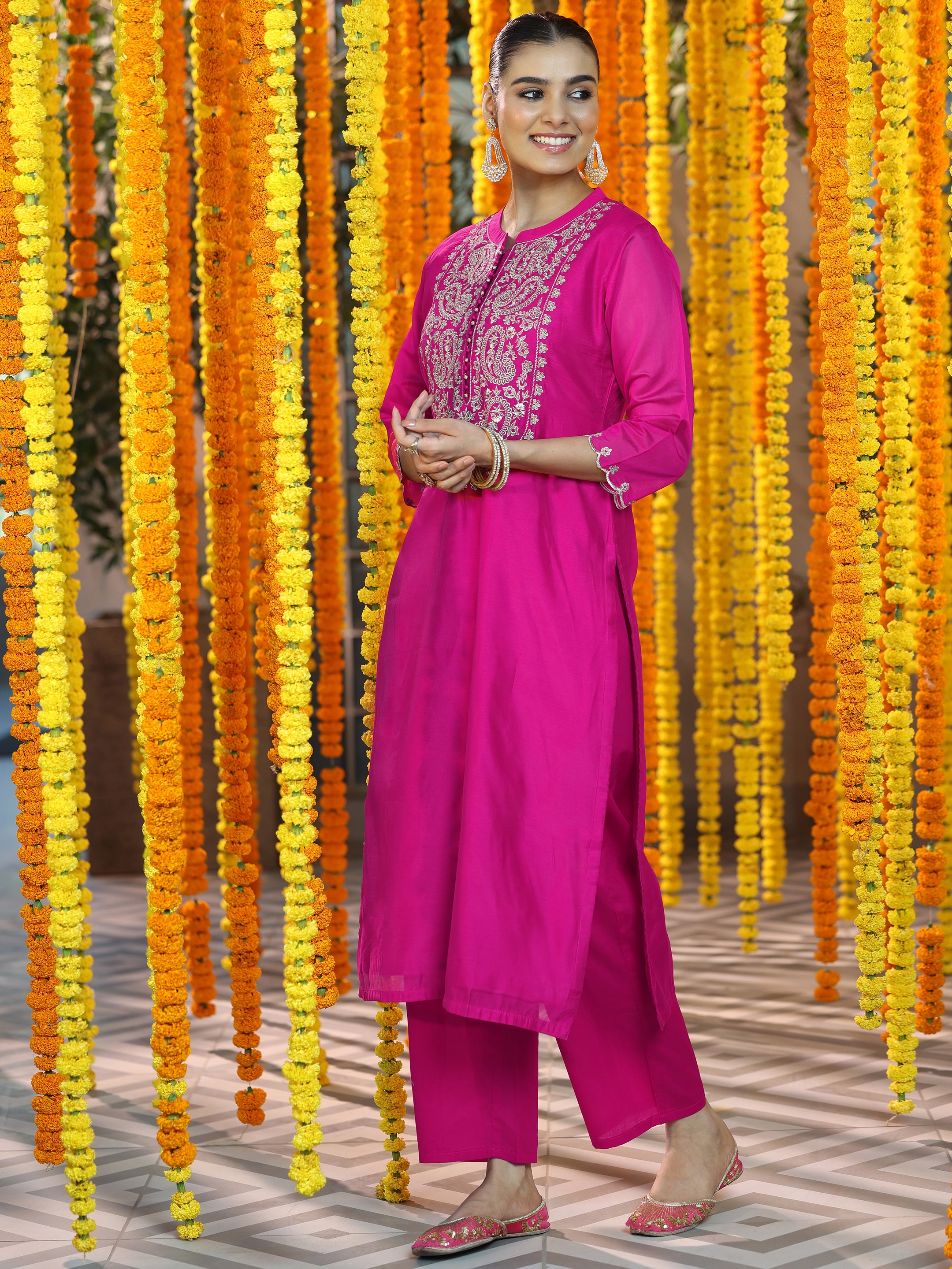 Pink Yoke Design Chanderi Silk Straight Suit With Dupatta