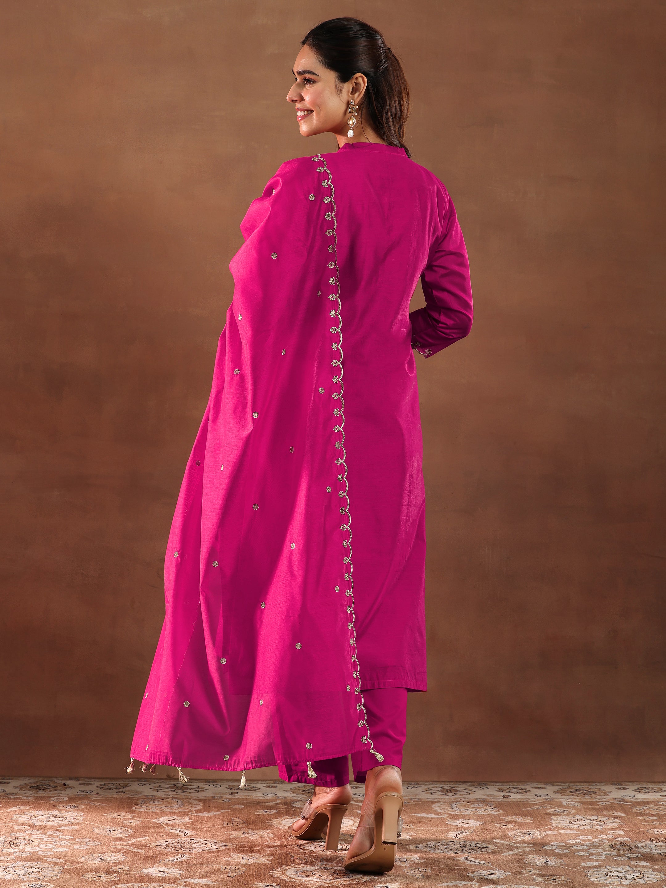 Pink Yoke Design Chanderi Silk Straight Suit With Dupatta