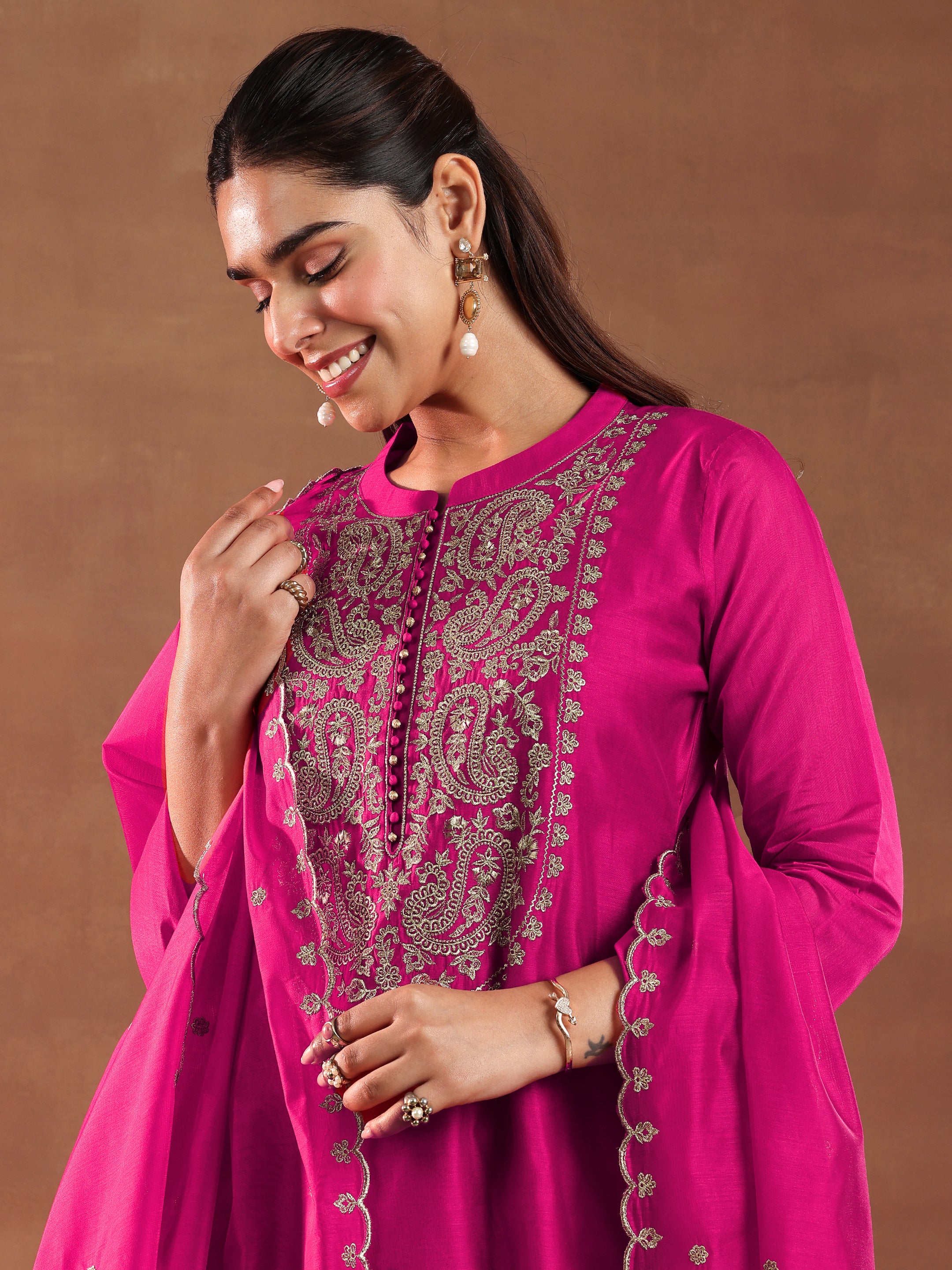 Pink Yoke Design Chanderi Silk Straight Suit With Dupatta