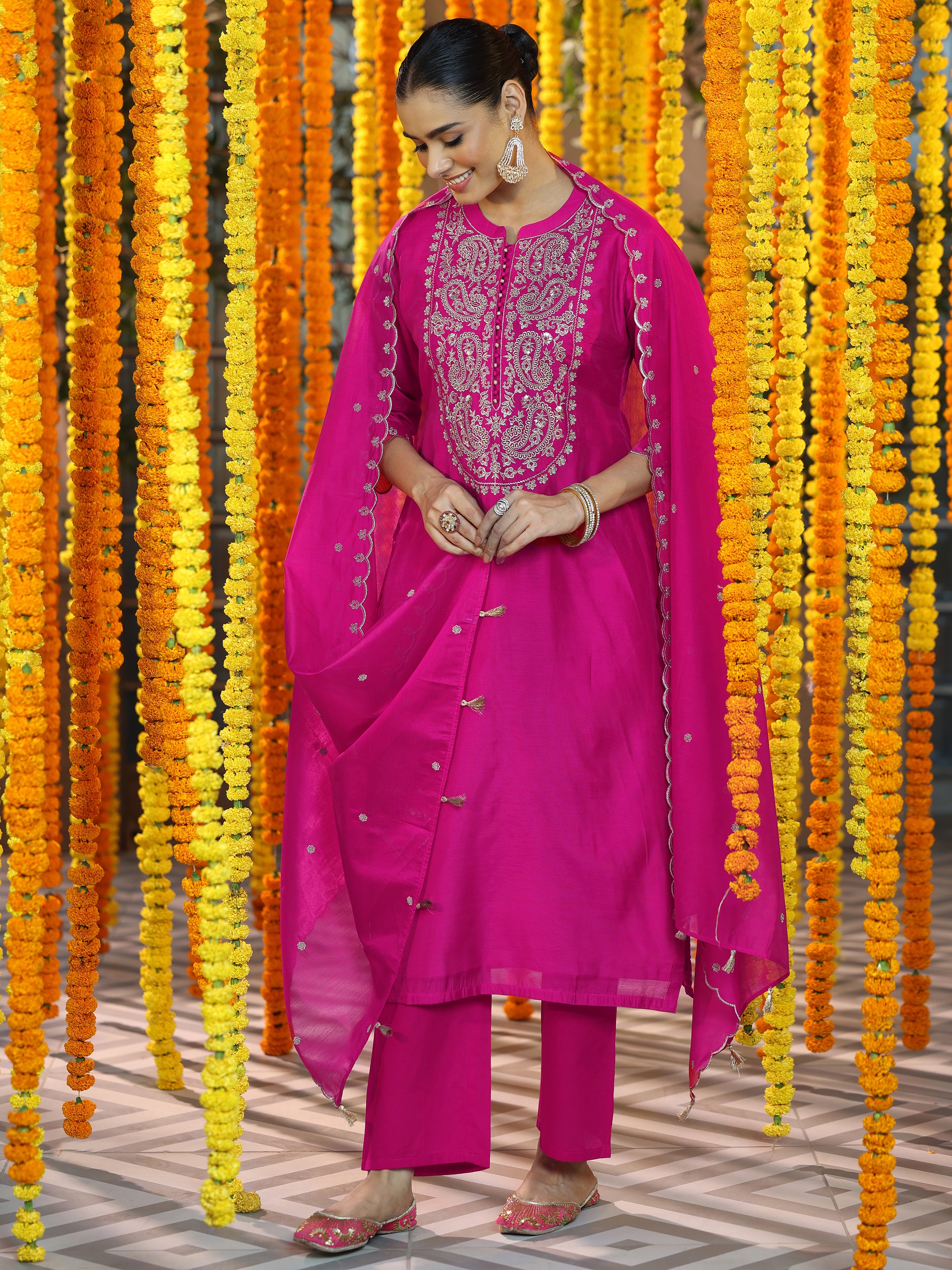 Pink Yoke Design Chanderi Silk Straight Suit With Dupatta