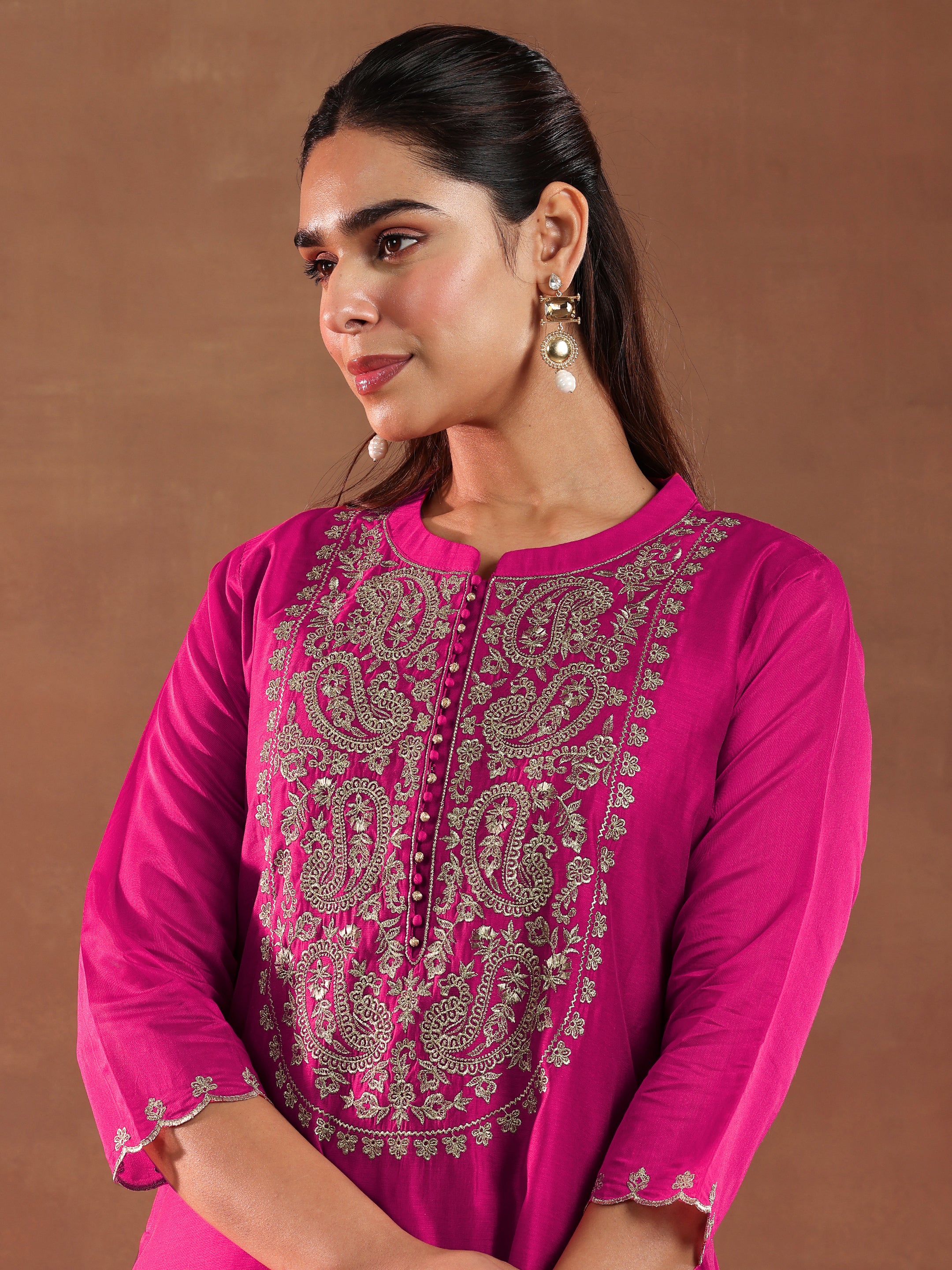 Pink Yoke Design Chanderi Silk Straight Suit With Dupatta