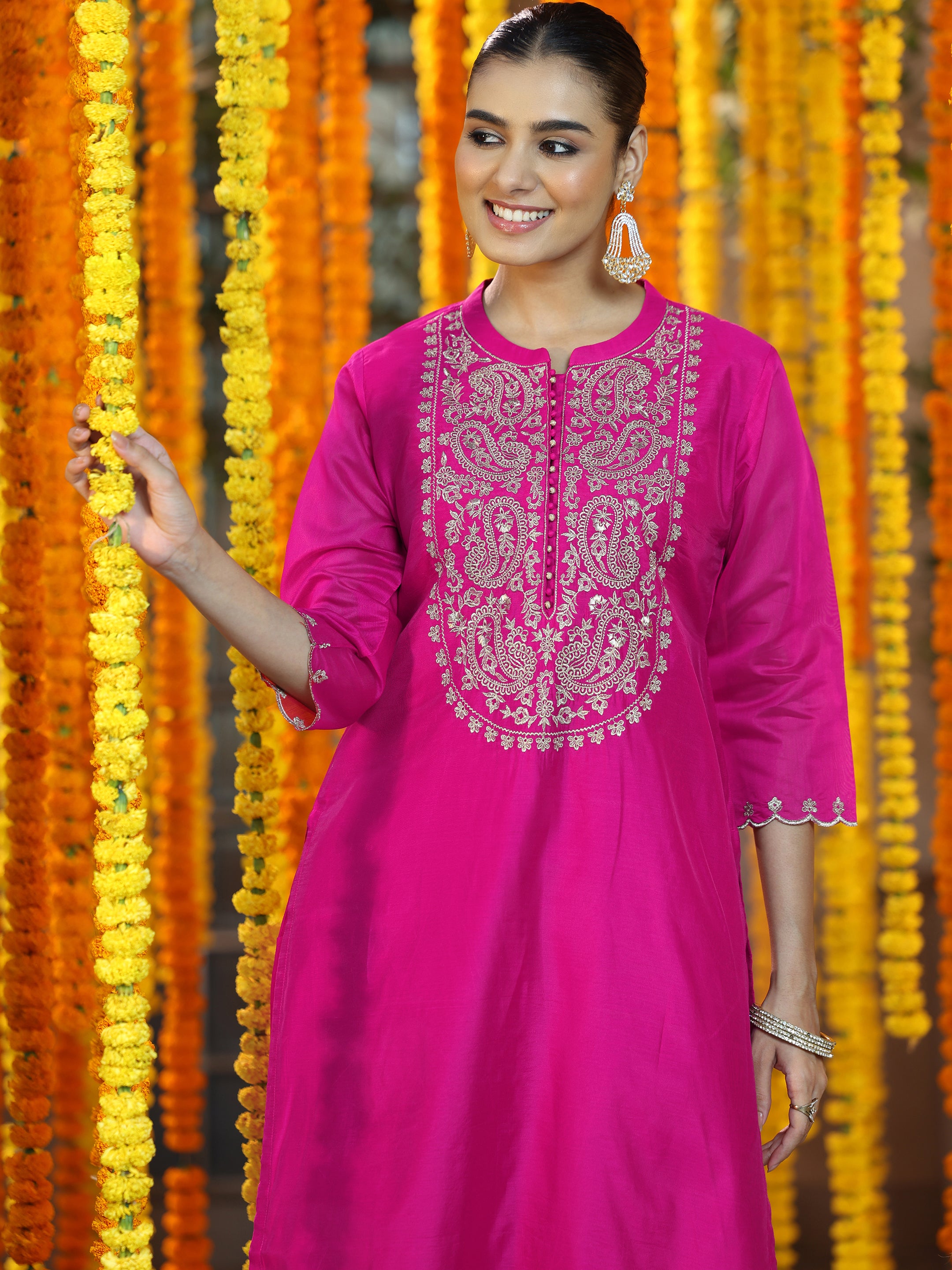 Pink Yoke Design Chanderi Silk Straight Suit With Dupatta