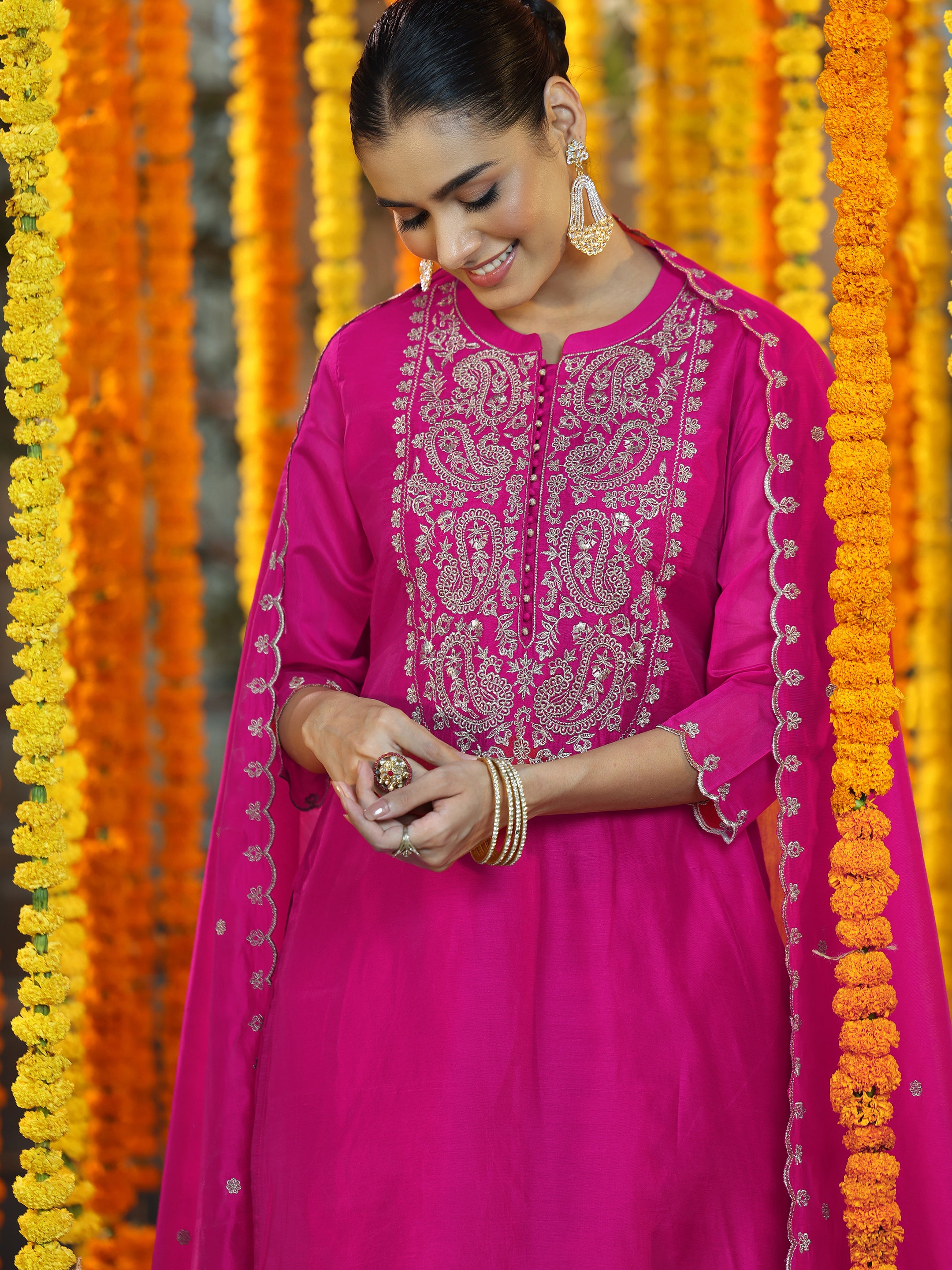 Pink Yoke Design Chanderi Silk Straight Suit With Dupatta