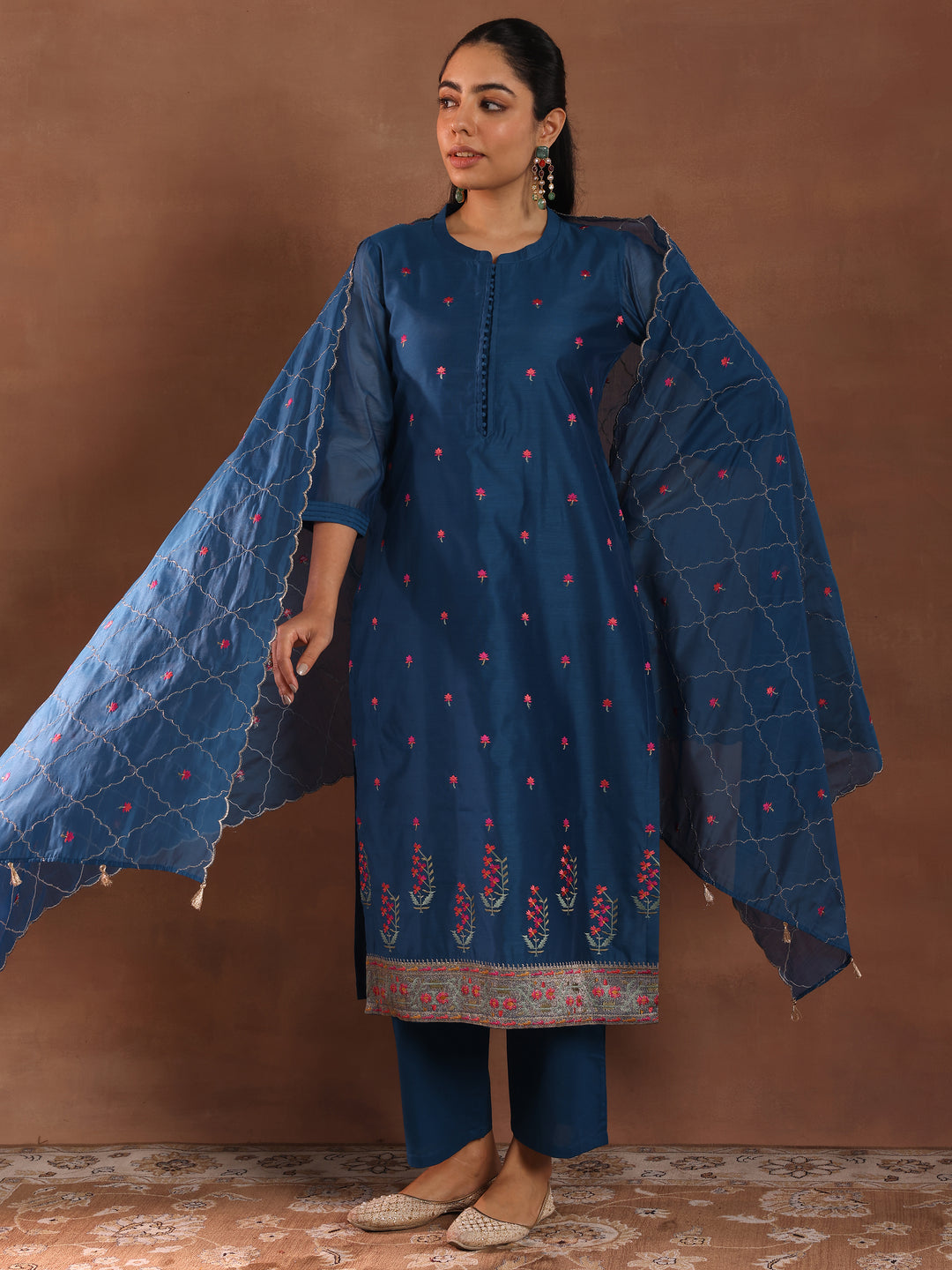 Teal Embroidered Chanderi Silk Straight Suit With Dupatta