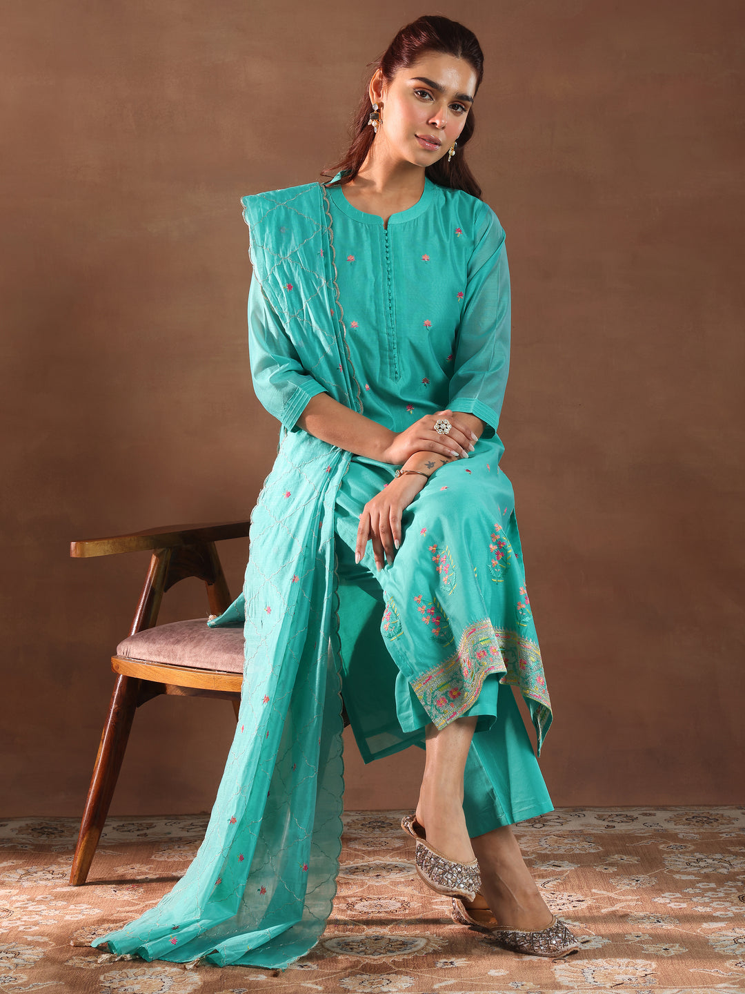 Turquoise Blue Embroidered Chanderi Silk Straight Suit With Dupatta