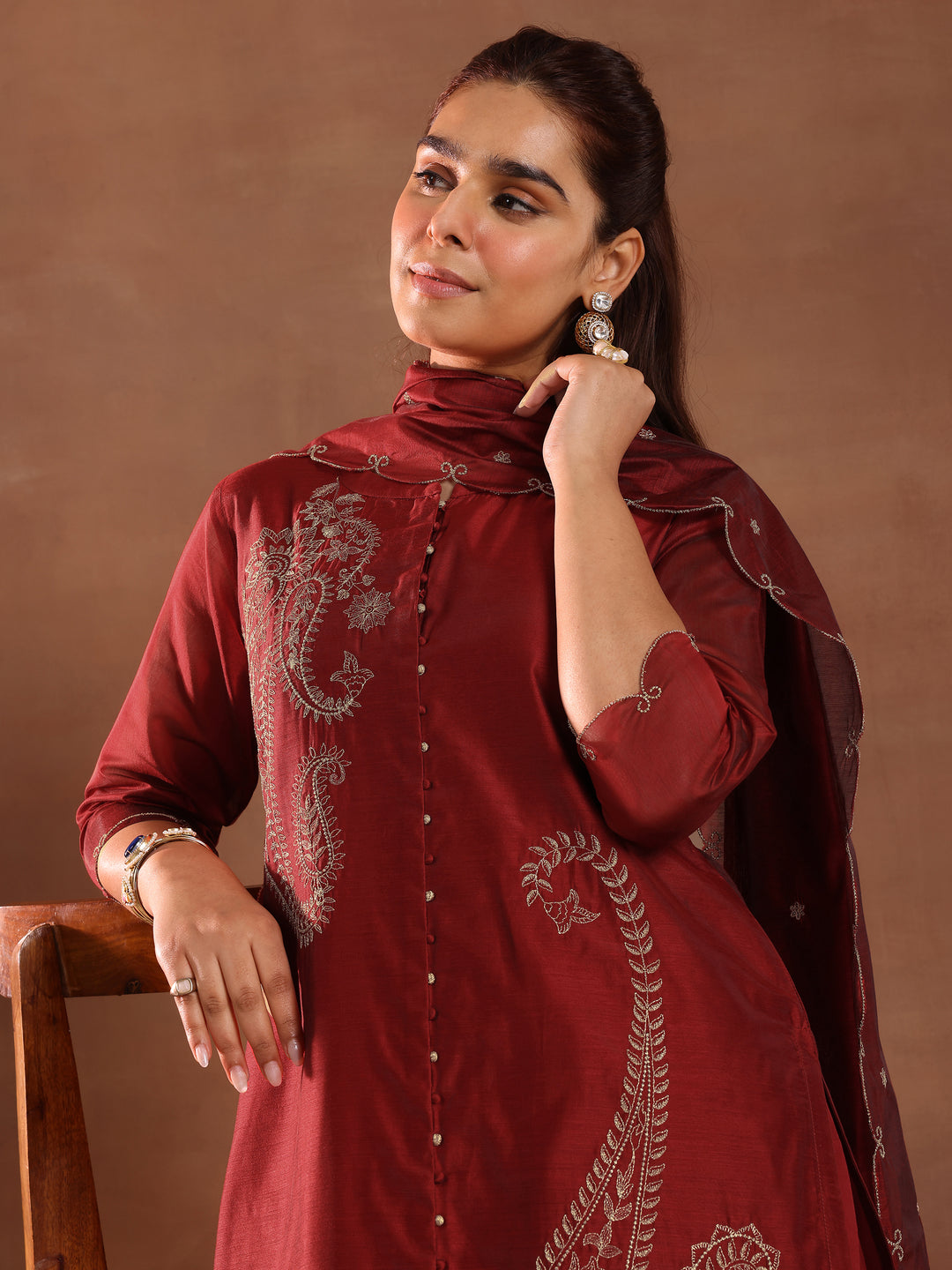 Maroon Embroidered Chanderi Silk Straight Suit With Dupatta