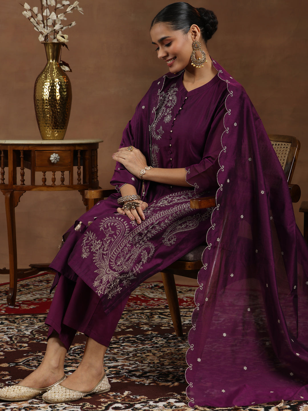 Wine Embroidered Chanderi Silk Straight Suit With Dupatta