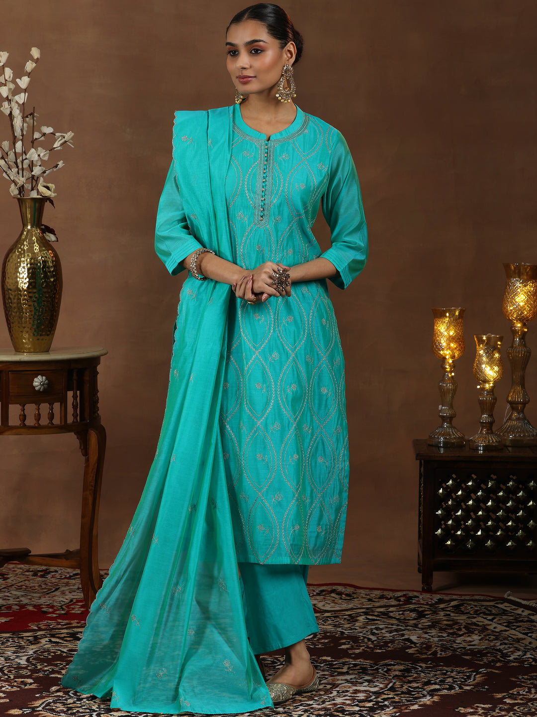 Teal Embroidered Chanderi Silk Straight Suit With Dupatta