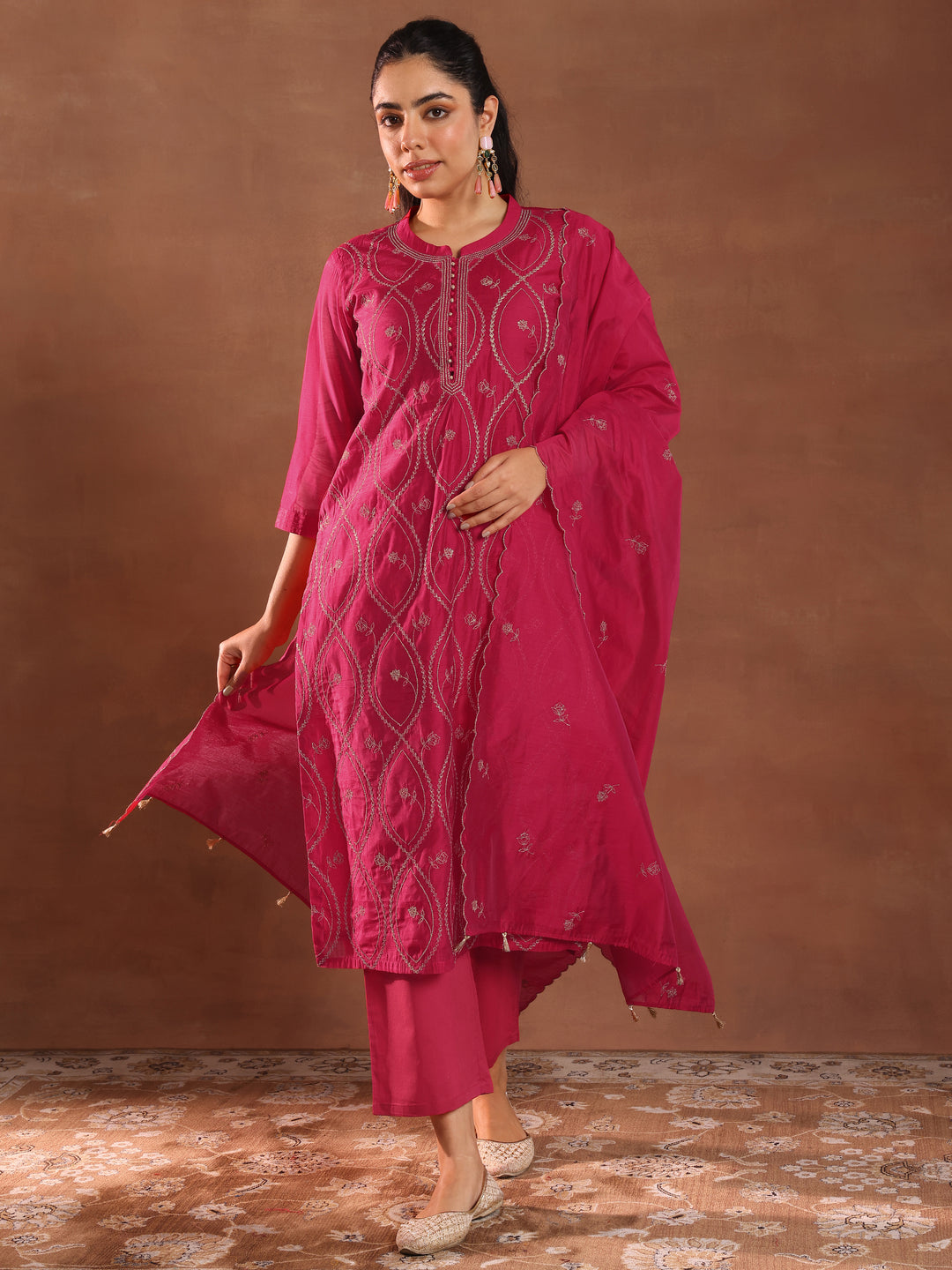 Pink Embroidered Chanderi Silk Straight Suit With Dupatta