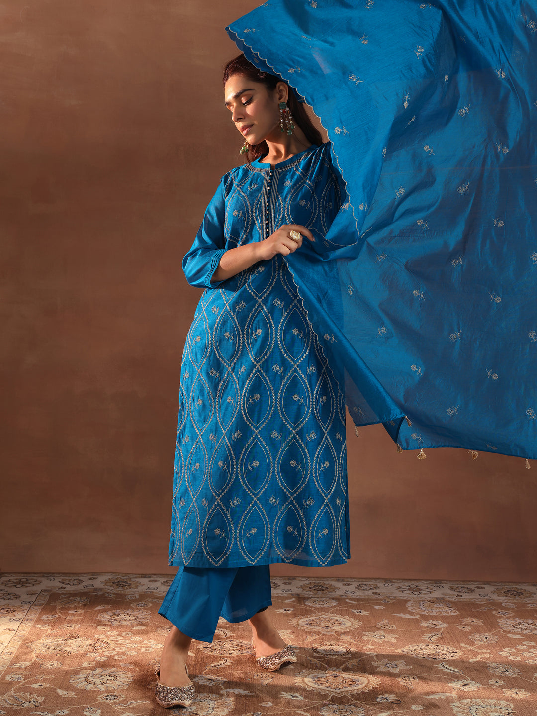 Teal Embroidered Chanderi Silk Straight Suit With Dupatta