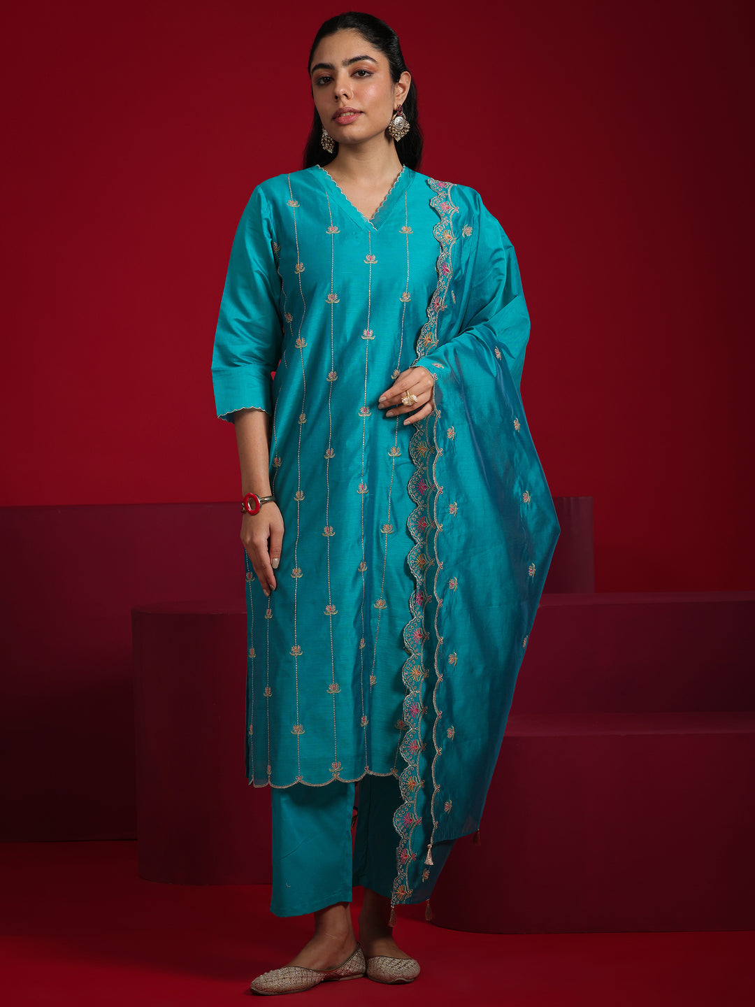 Libas Art Teal Embroidered Chanderi Silk Straight Suit With Dupatta