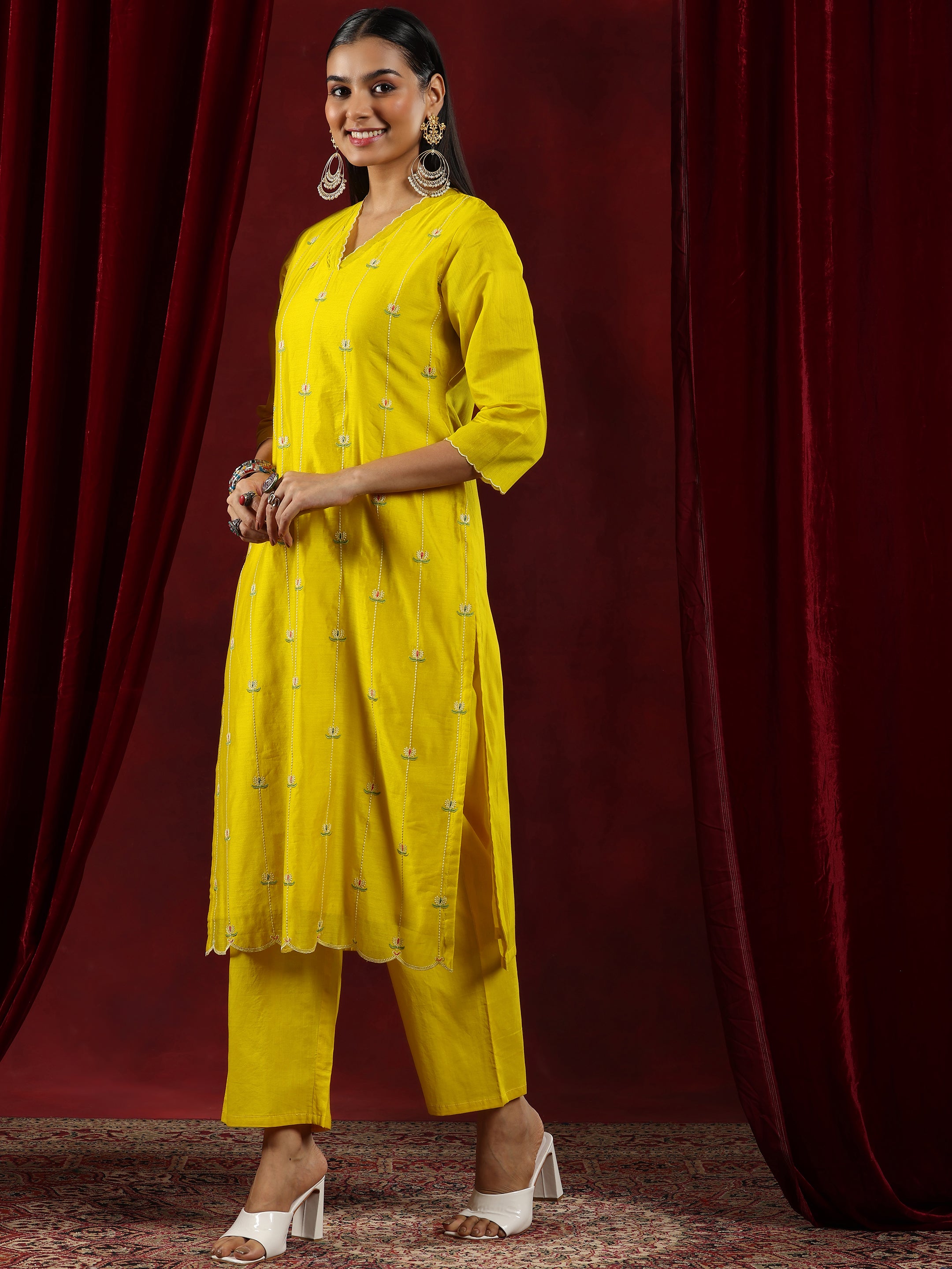 Libas Art Mustard Embroidered Chanderi Silk Straight Suit With Dupatta