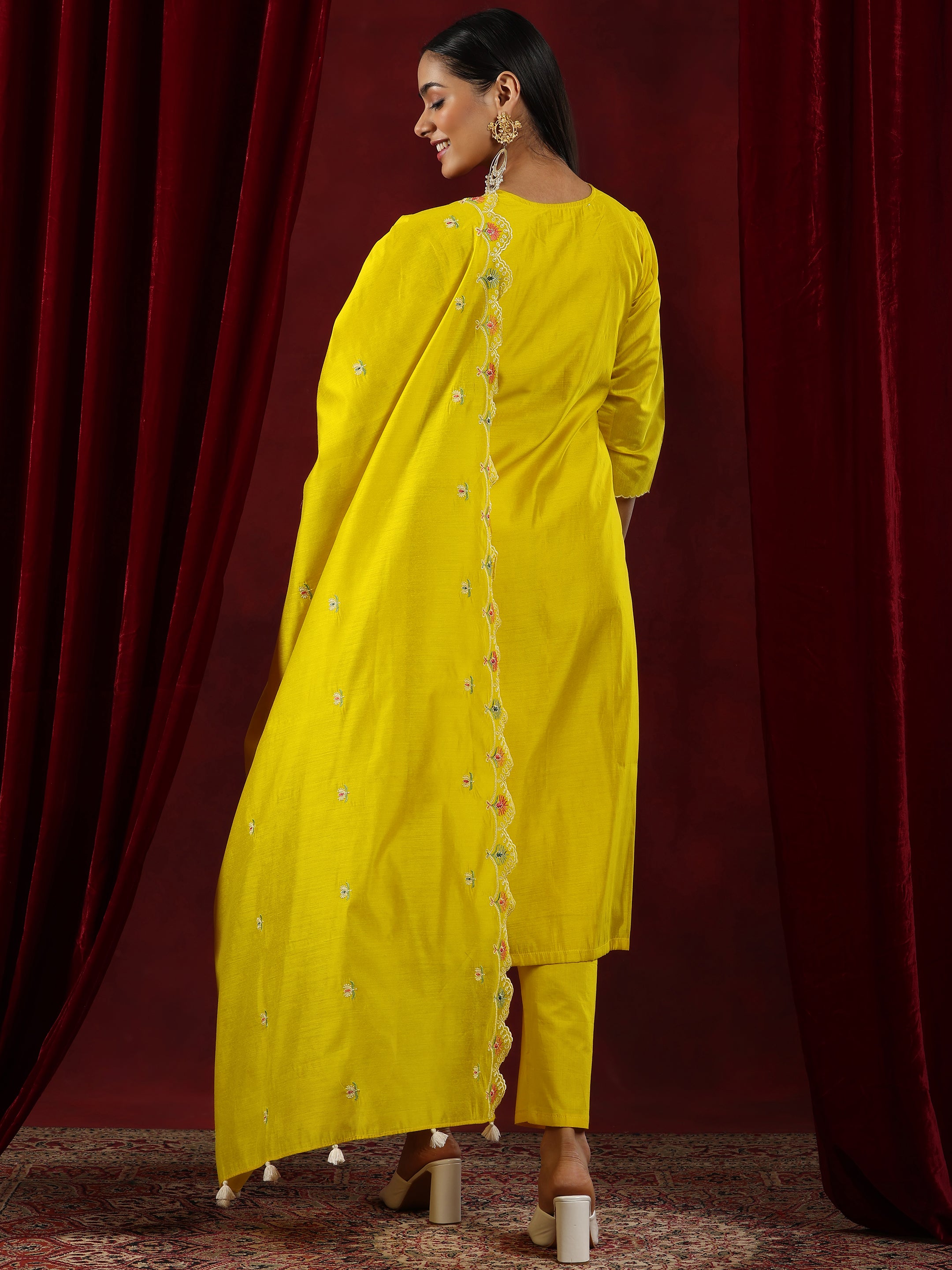 Libas Art Mustard Embroidered Chanderi Silk Straight Suit With Dupatta