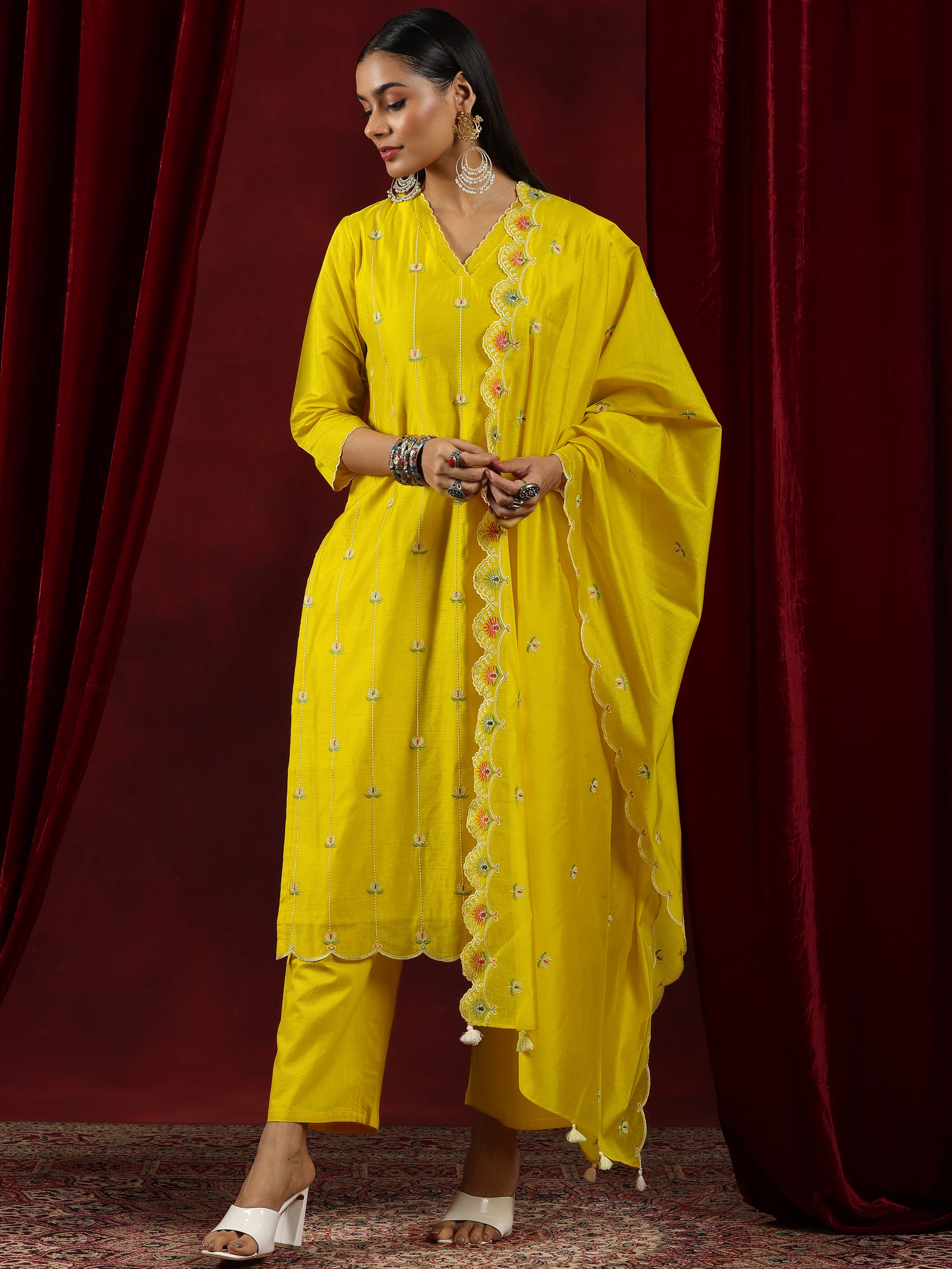 Libas Art Mustard Embroidered Chanderi Silk Straight Suit With Dupatta