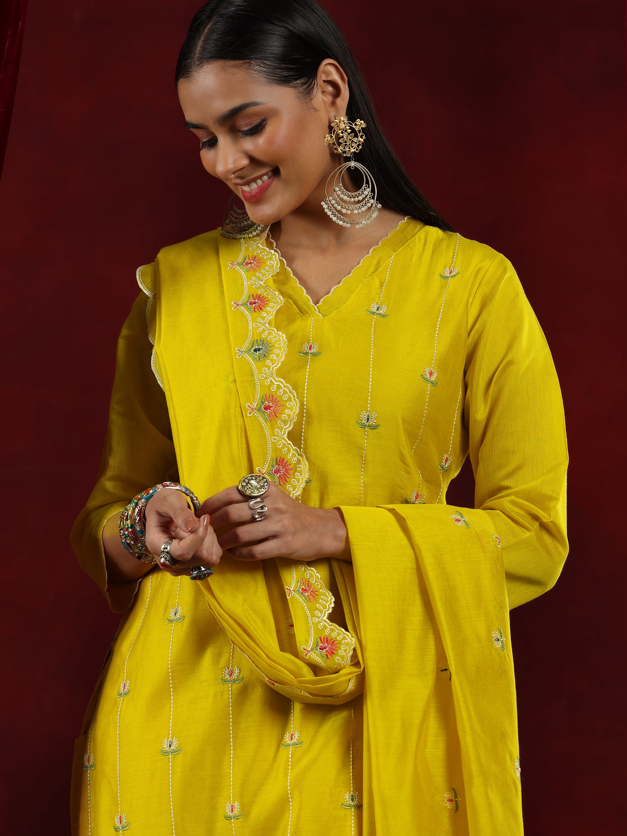 Libas Art Mustard Embroidered Chanderi Silk Straight Suit With Dupatta