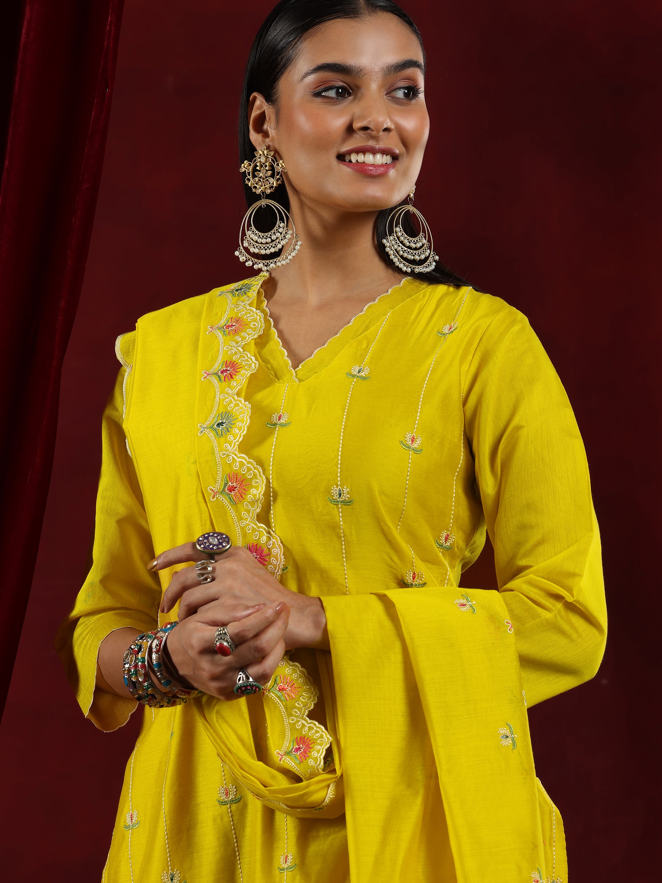 Libas Art Mustard Embroidered Chanderi Silk Straight Suit With Dupatta