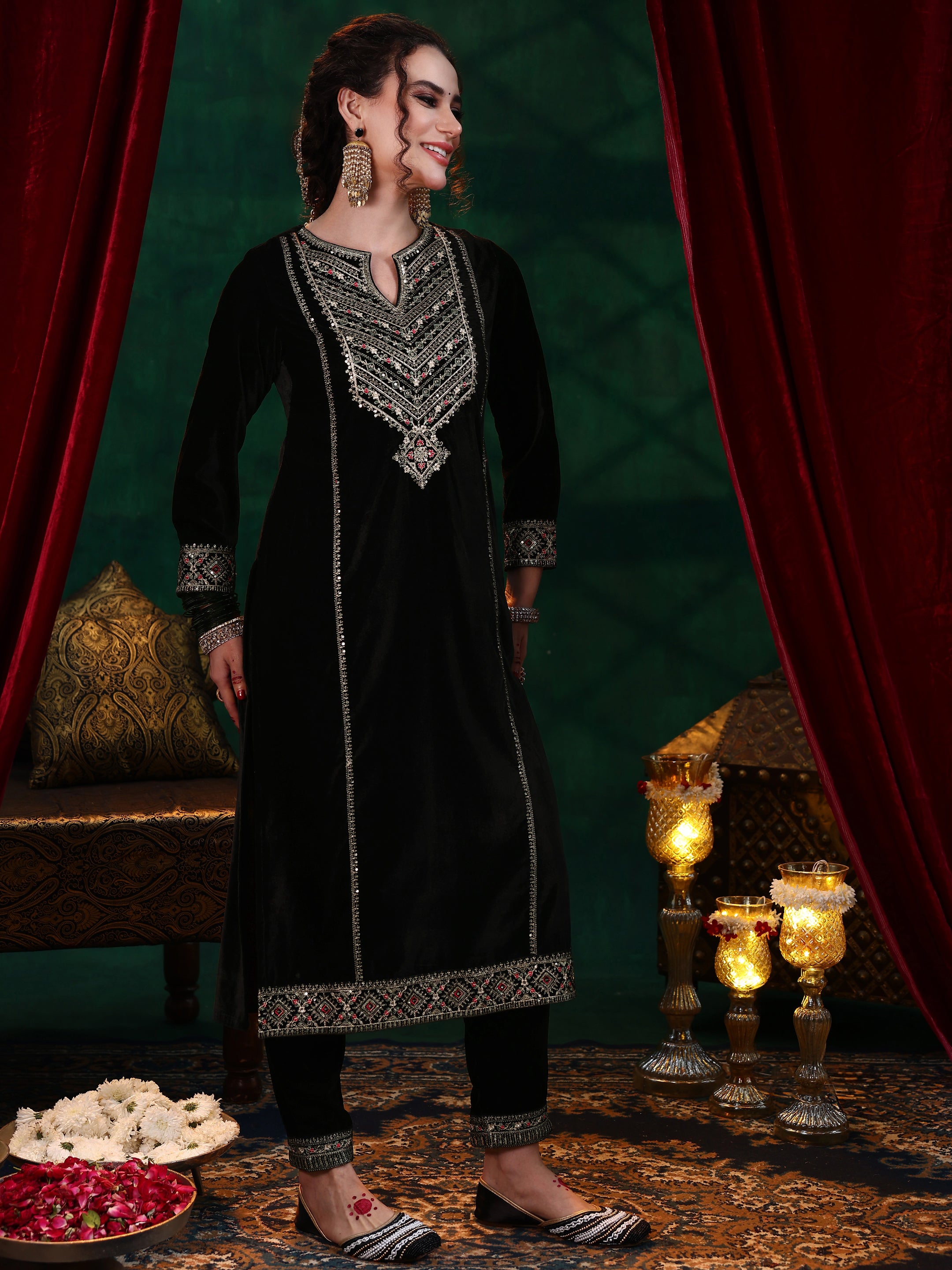 Black Embroidered Velvet Straight Suit With Dupatta