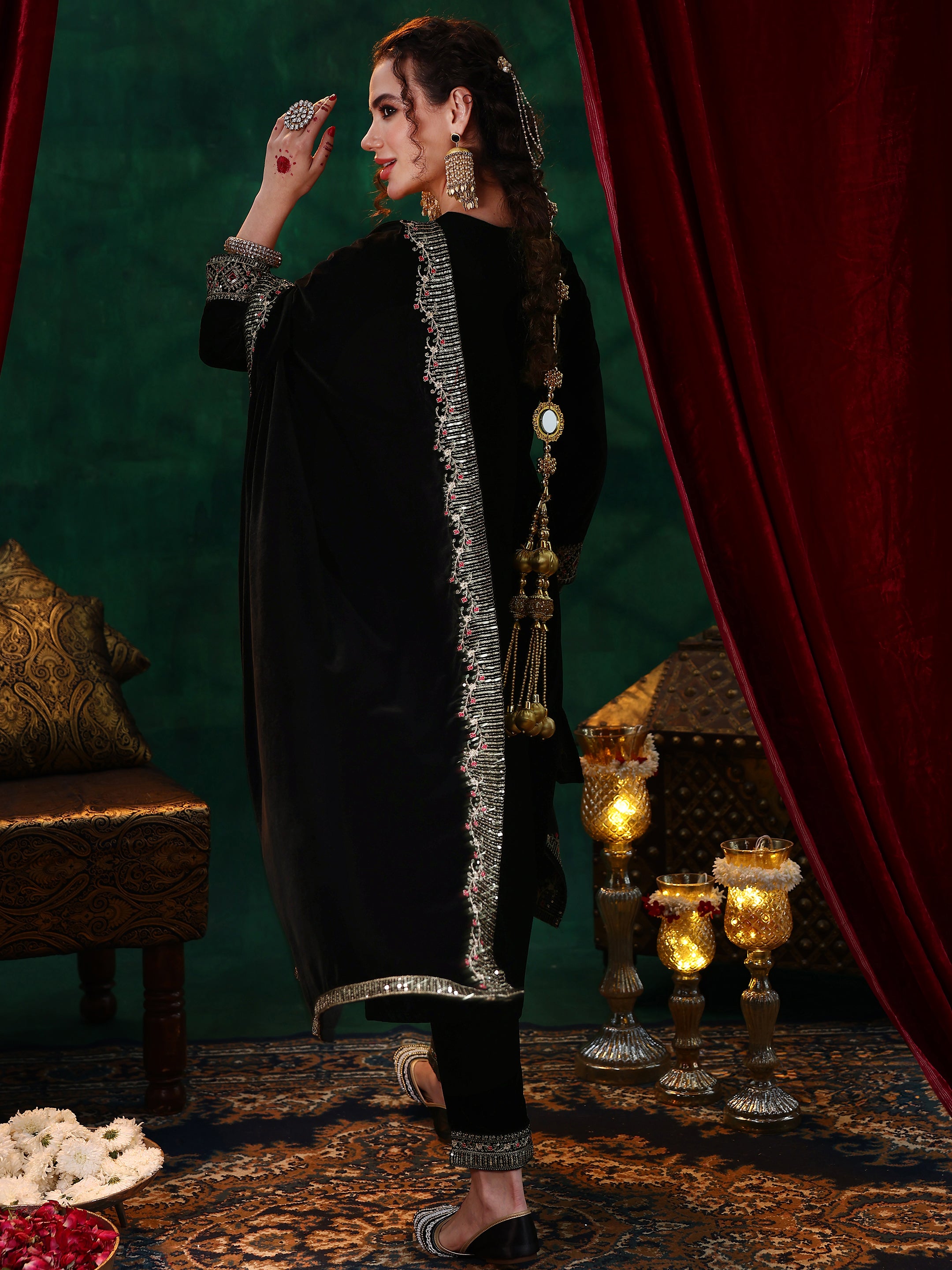 Black Embroidered Velvet Straight Suit With Dupatta