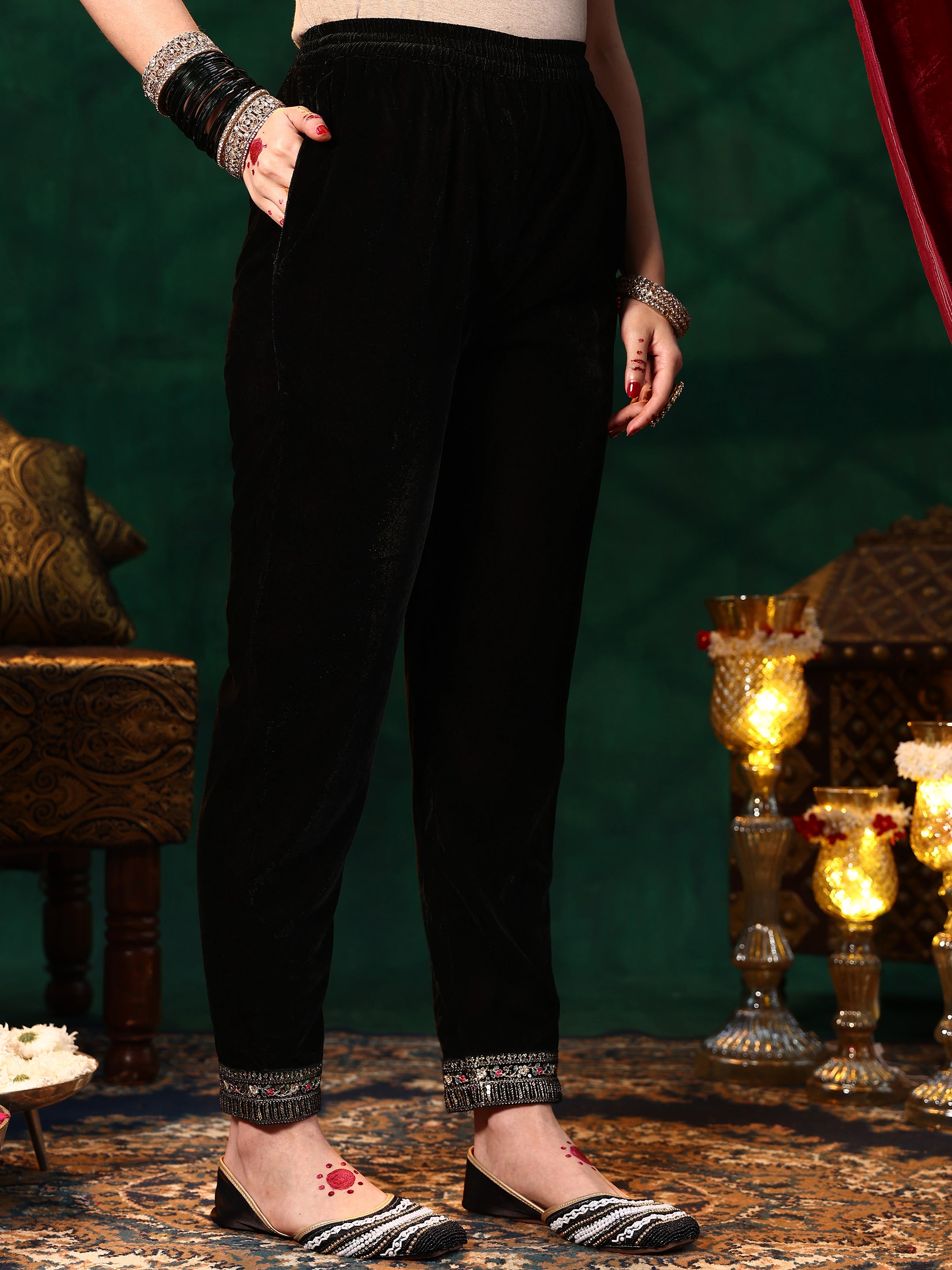 Black Embroidered Velvet Straight Suit With Dupatta