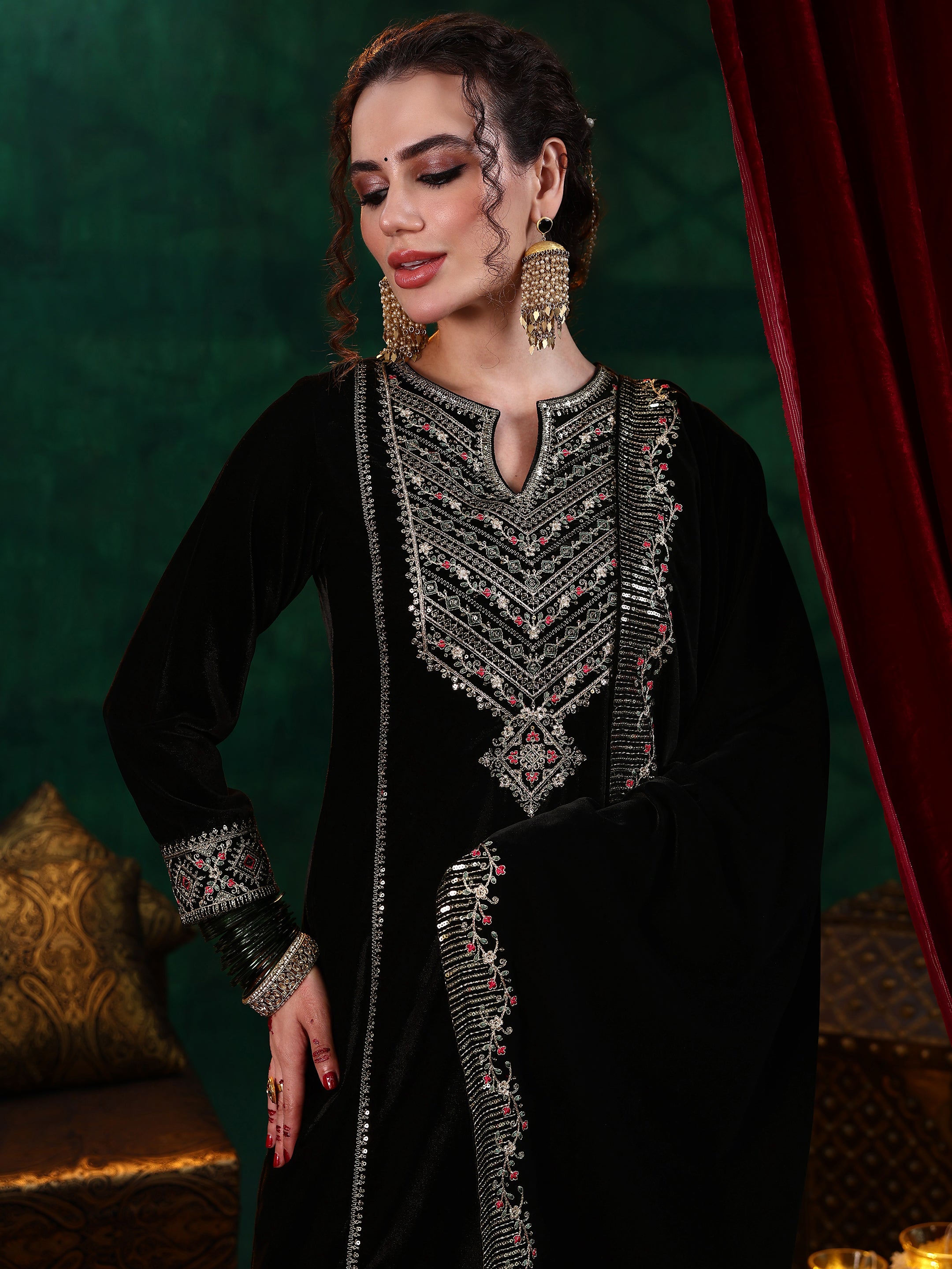 Black Embroidered Velvet Straight Suit With Dupatta