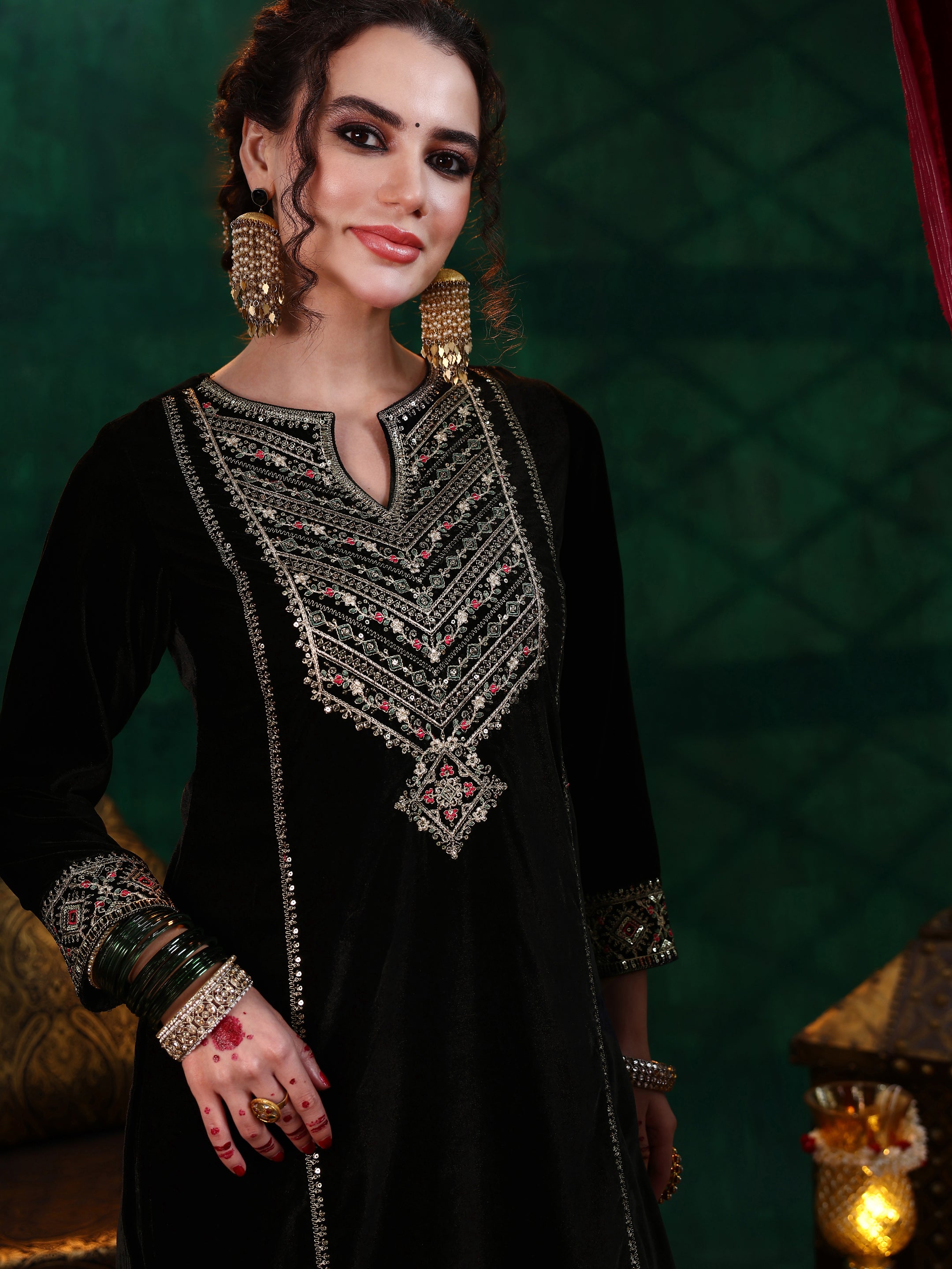 Black Embroidered Velvet Straight Suit With Dupatta