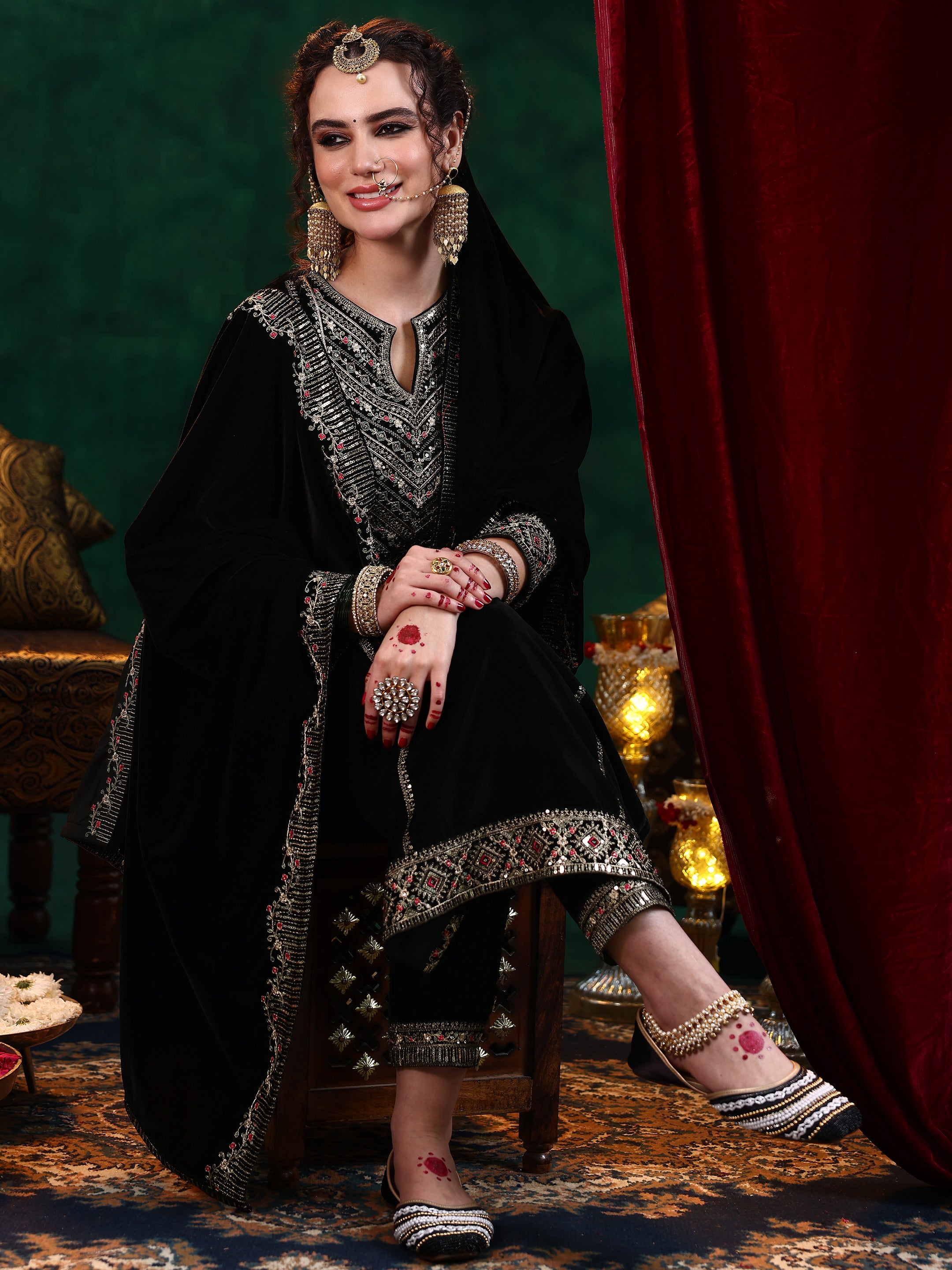 Black Embroidered Velvet Straight Suit With Dupatta