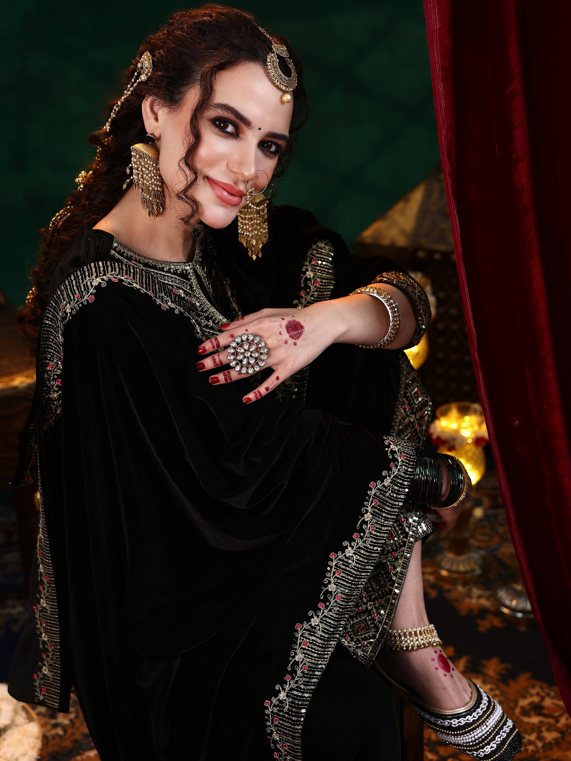 Black Embroidered Velvet Straight Suit With Dupatta