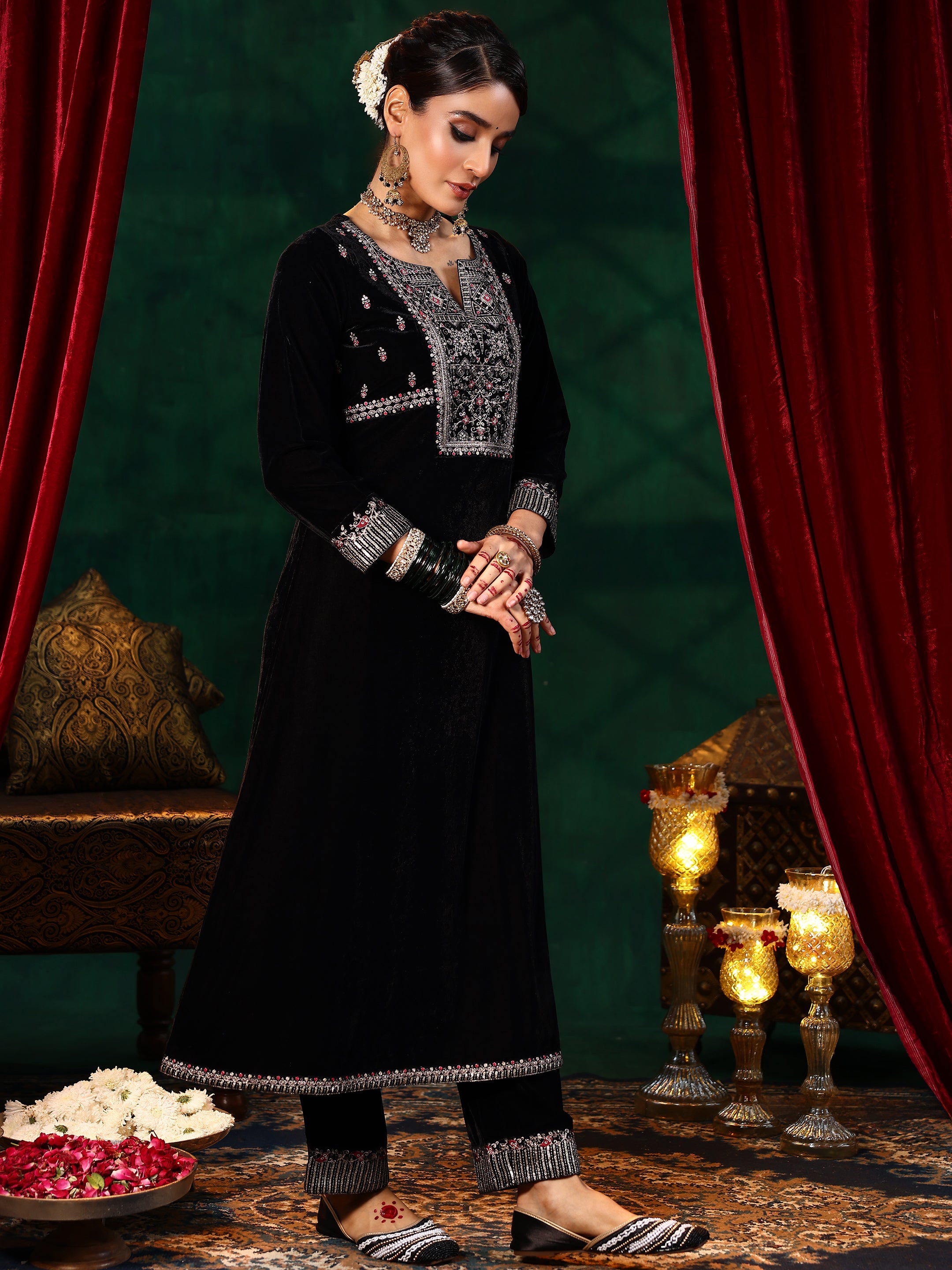 Black Embroidered Velvet A-line Kurta  With Trousers & Dupatta