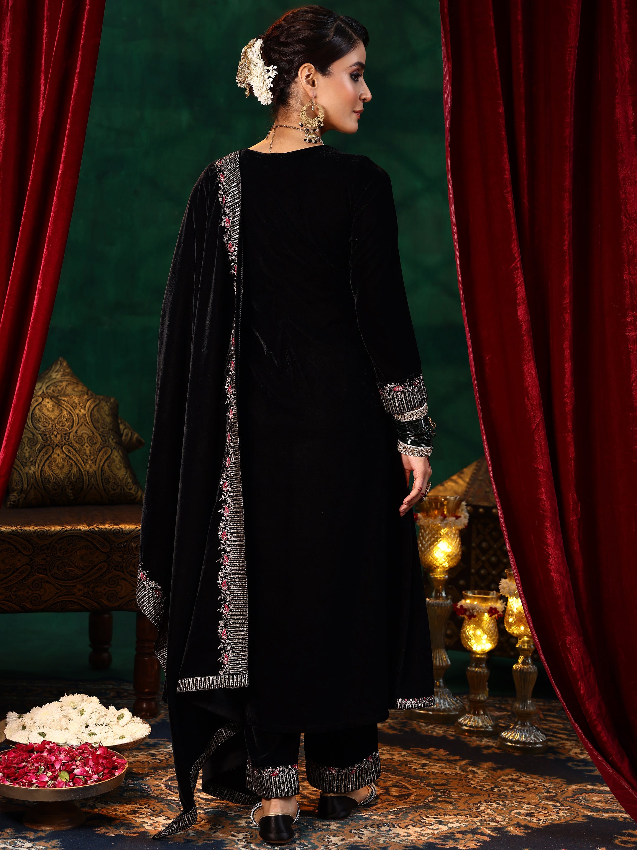 Black Embroidered Velvet A-line Kurta  With Trousers & Dupatta