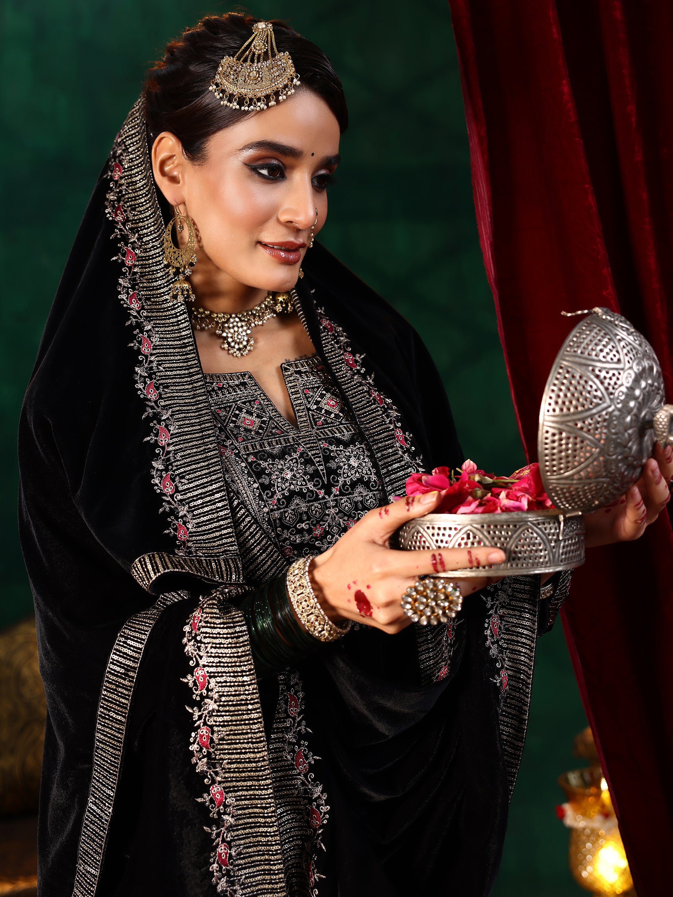 Black Embroidered Velvet A-line Kurta  With Trousers & Dupatta