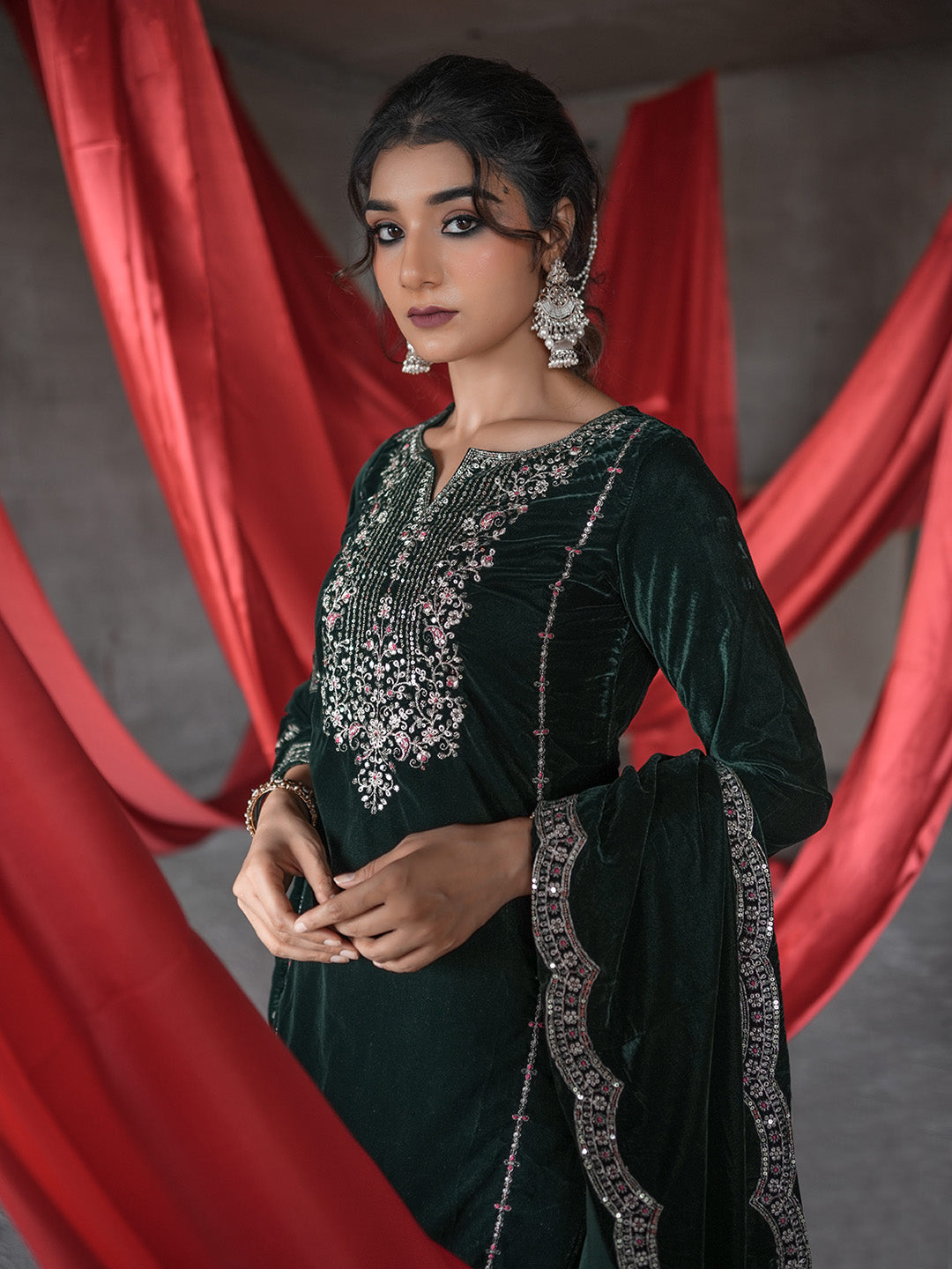 Green Embroidered Velvet Straight Suit With Dupatta